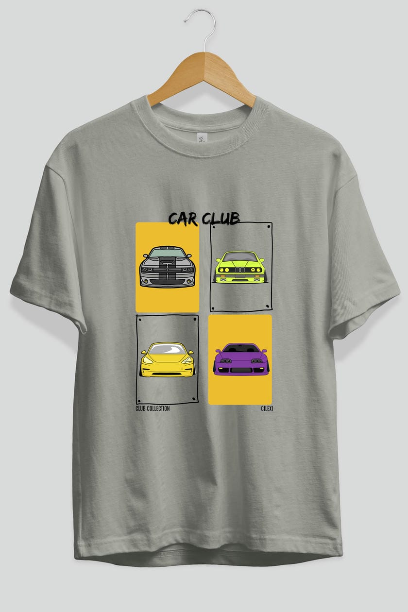 Car Club ön Baskılı Oversize t-shirt Erkek Kadın %100 Pamuk Bisiklet Yaka tişort