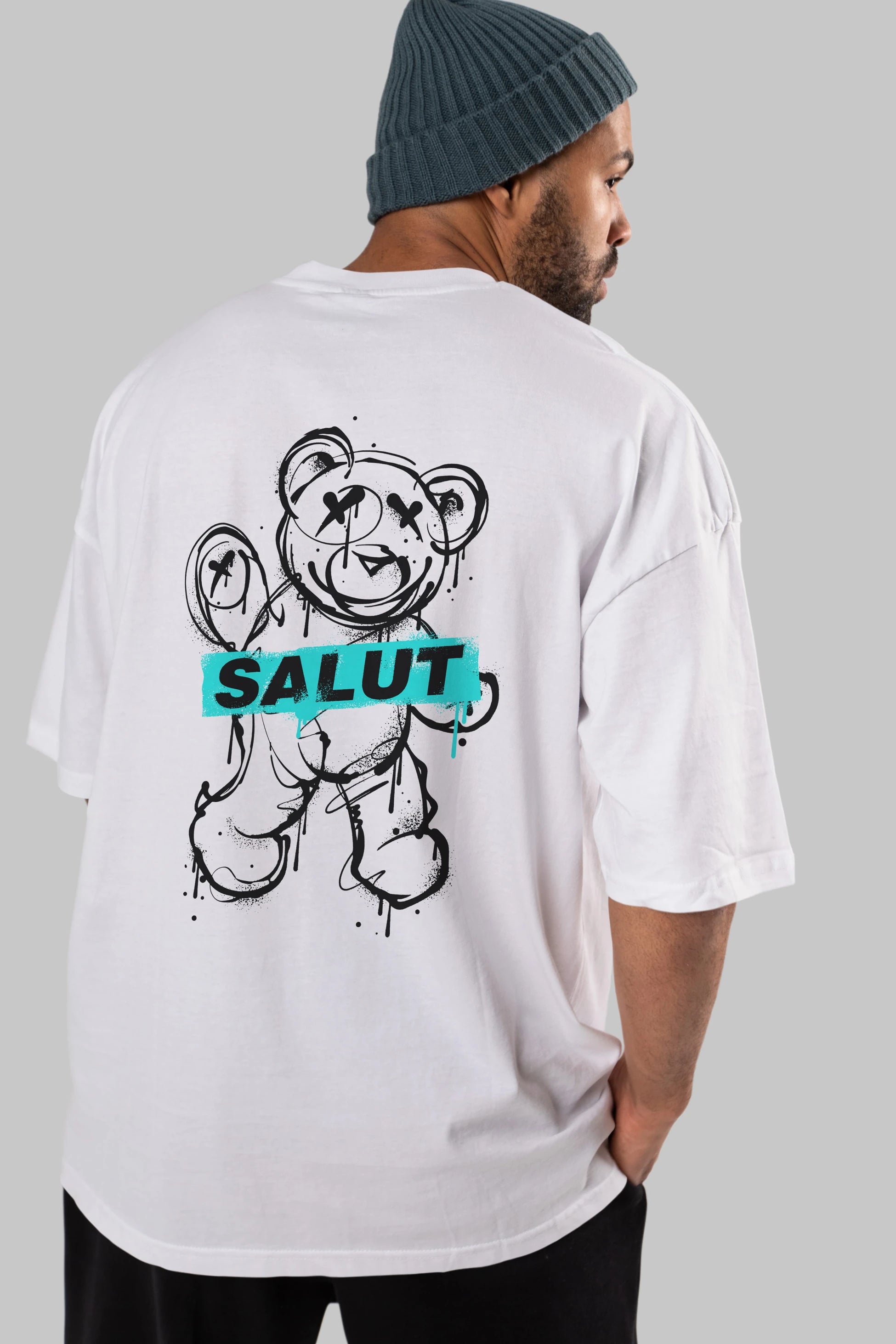 Teddy Bear Salut Arka Baskılı Oversize t-shirt Erkek Kadın Unisex
