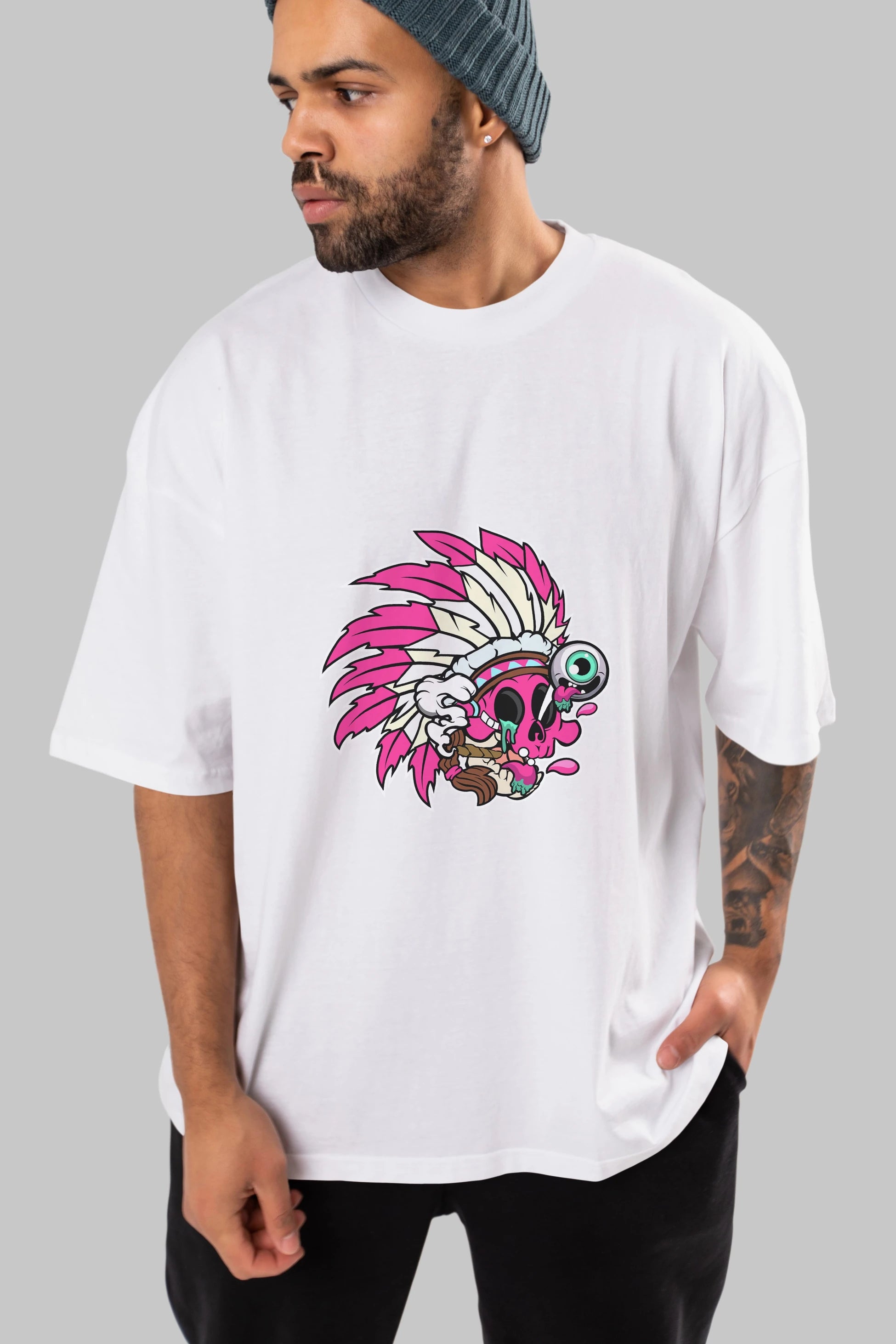 Skull Indian Ön Baskılı Oversize t-shirt Erkek Kadın Unisex %100 Pamuk tişort