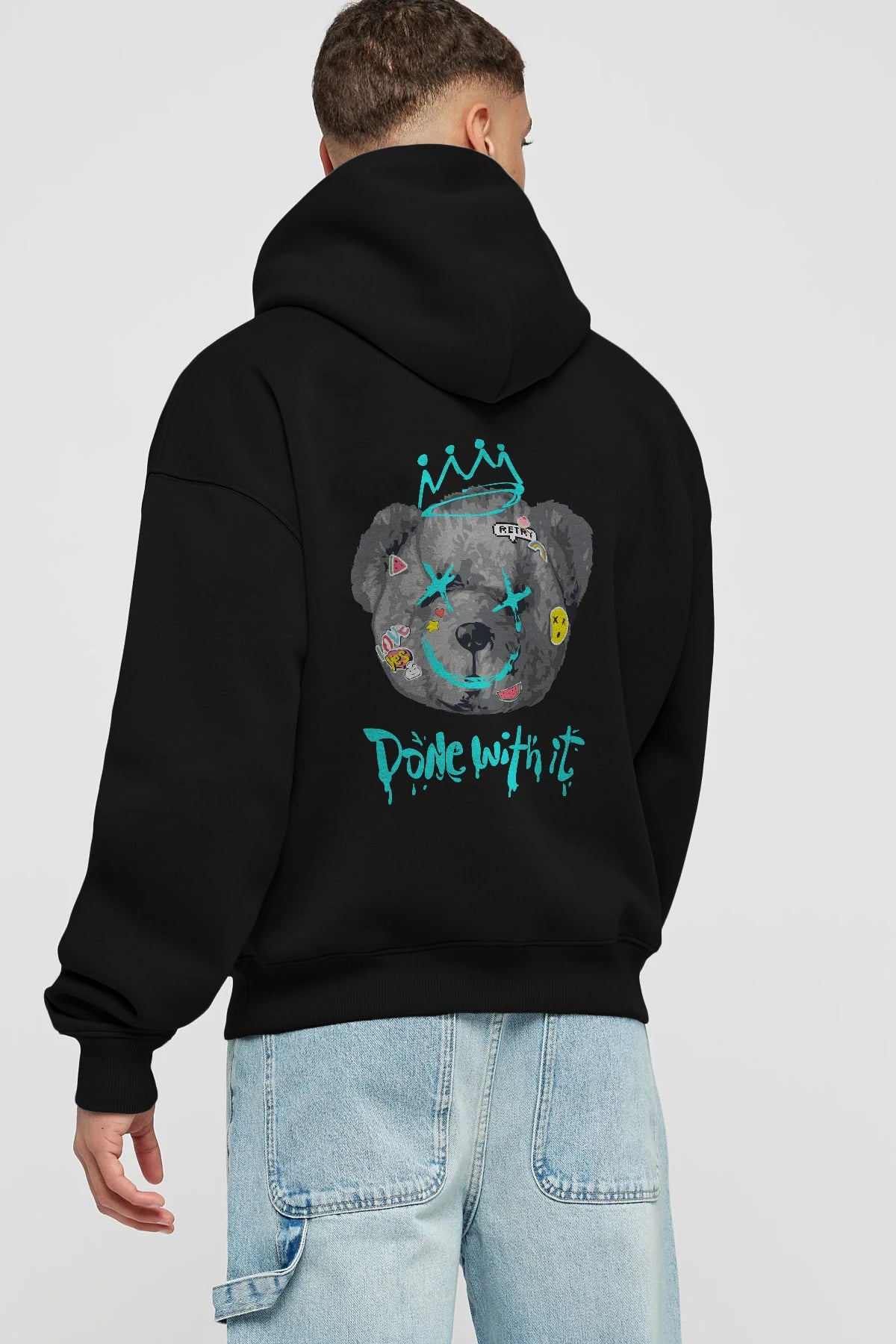 Done With it Bear Arka Baskılı Hoodie Oversize Kapüşonlu Sweatshirt Erkek Kadın Unisex
