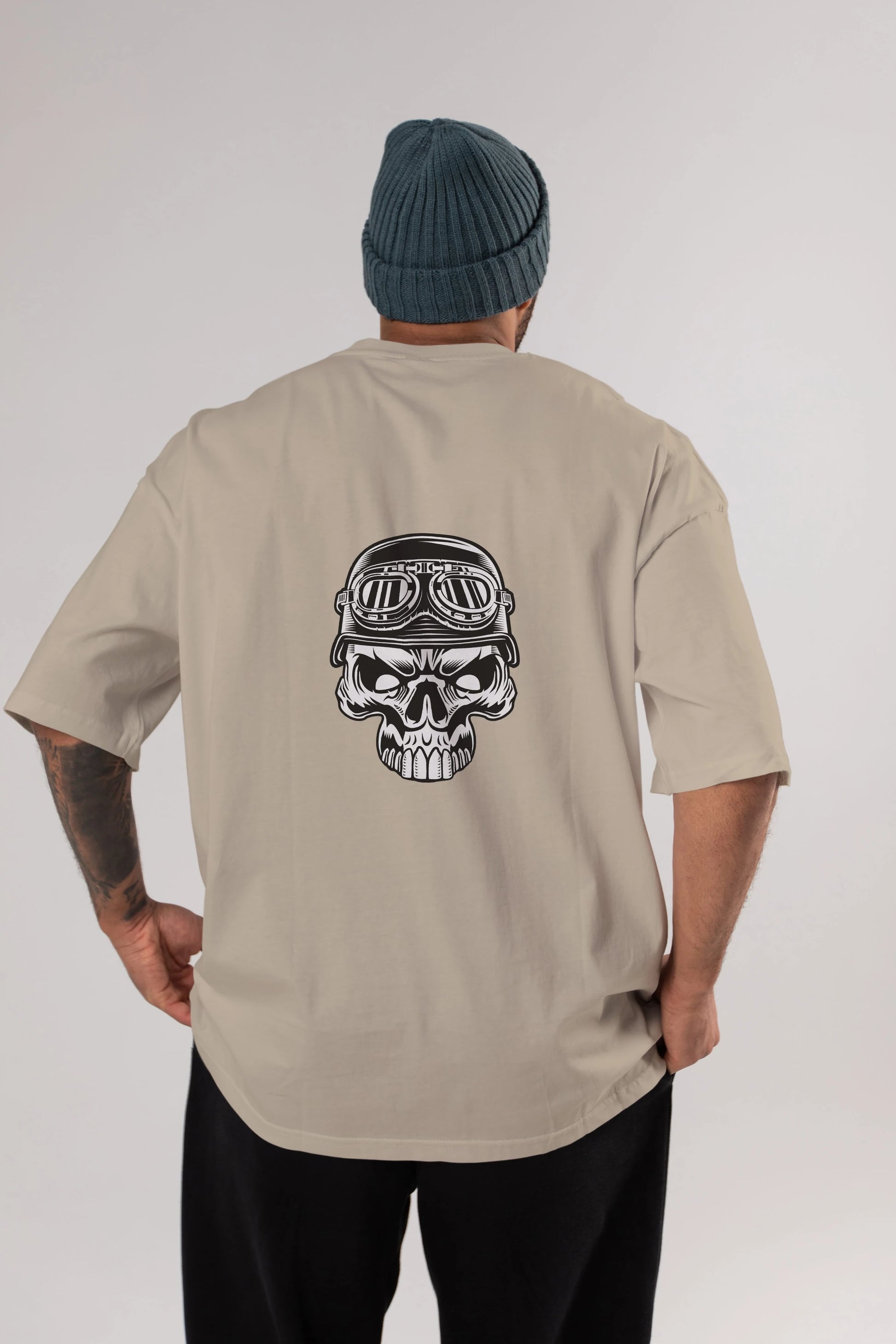 Biker Skull Helmet Arka Baskılı Oversize t-shirt Erkek Kadın Unisex %100 Pamuk tişort