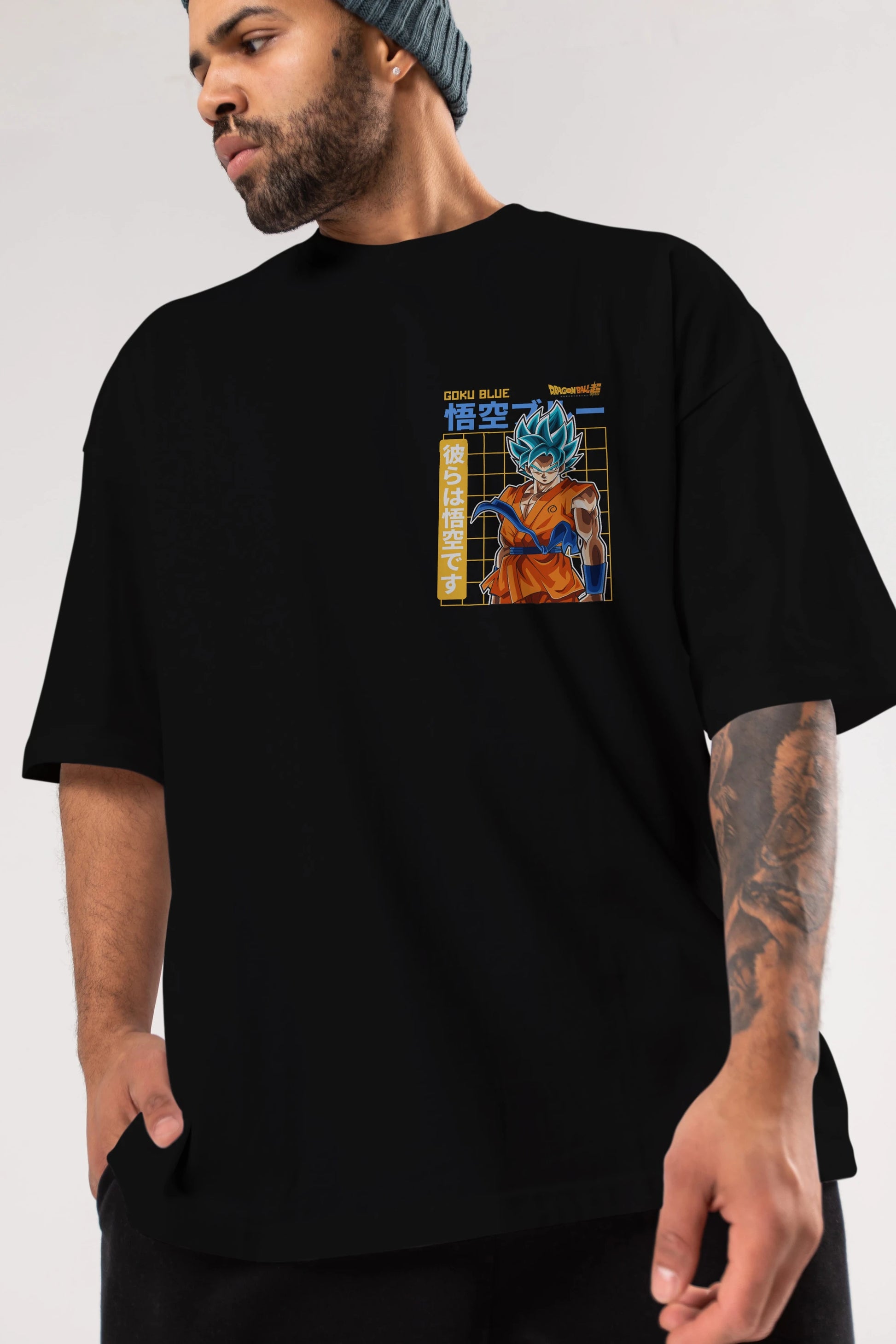 GOKU 1 Ön Sol Baskılı Oversize t-shirt Erkek Kadın Unisex %100 Pamuk Bisiklet Yaka tişort