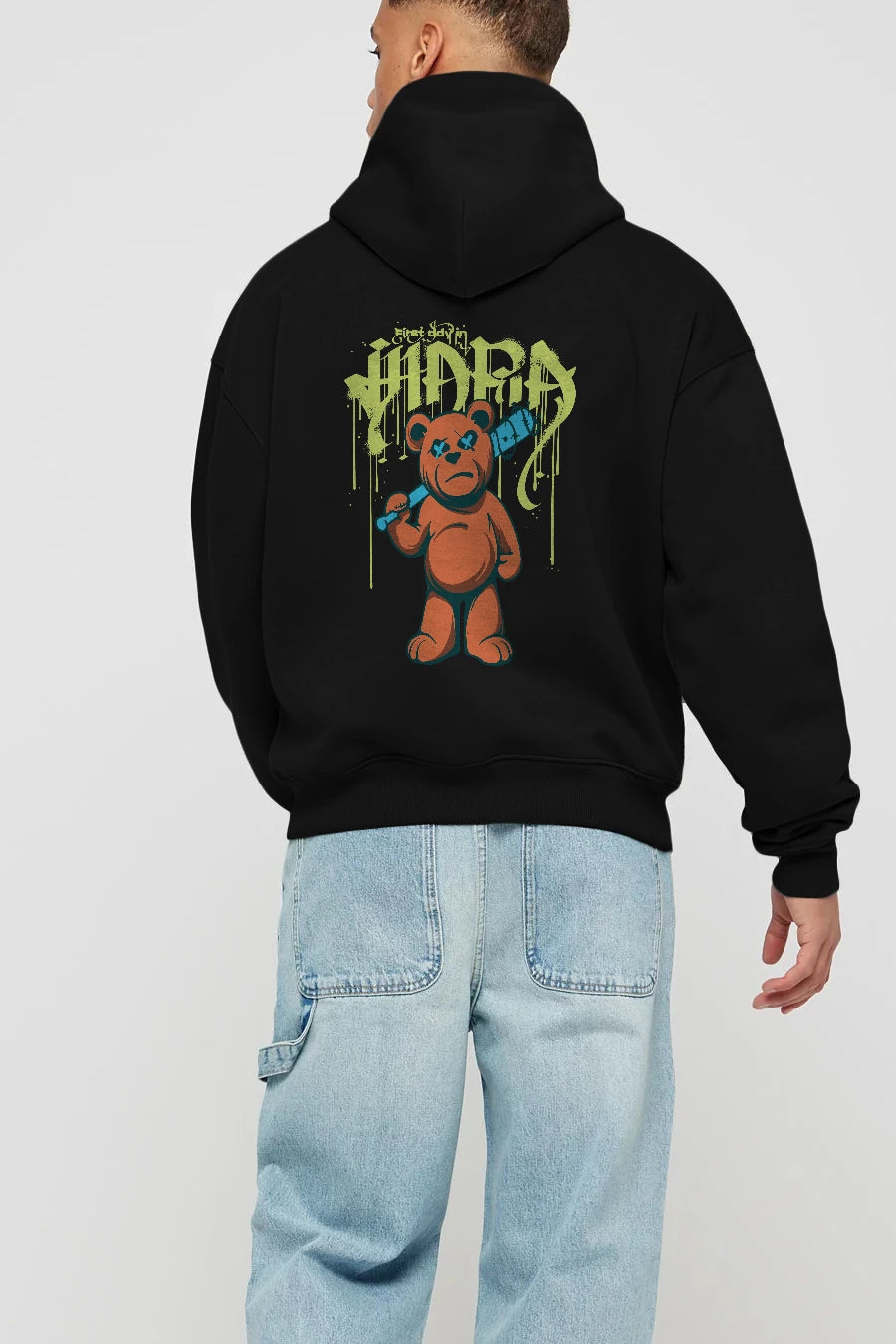Hidra Bear Arka Baskılı Hoodie Oversize Kapüşonlu Sweatshirt Erkek Kadın Unisex