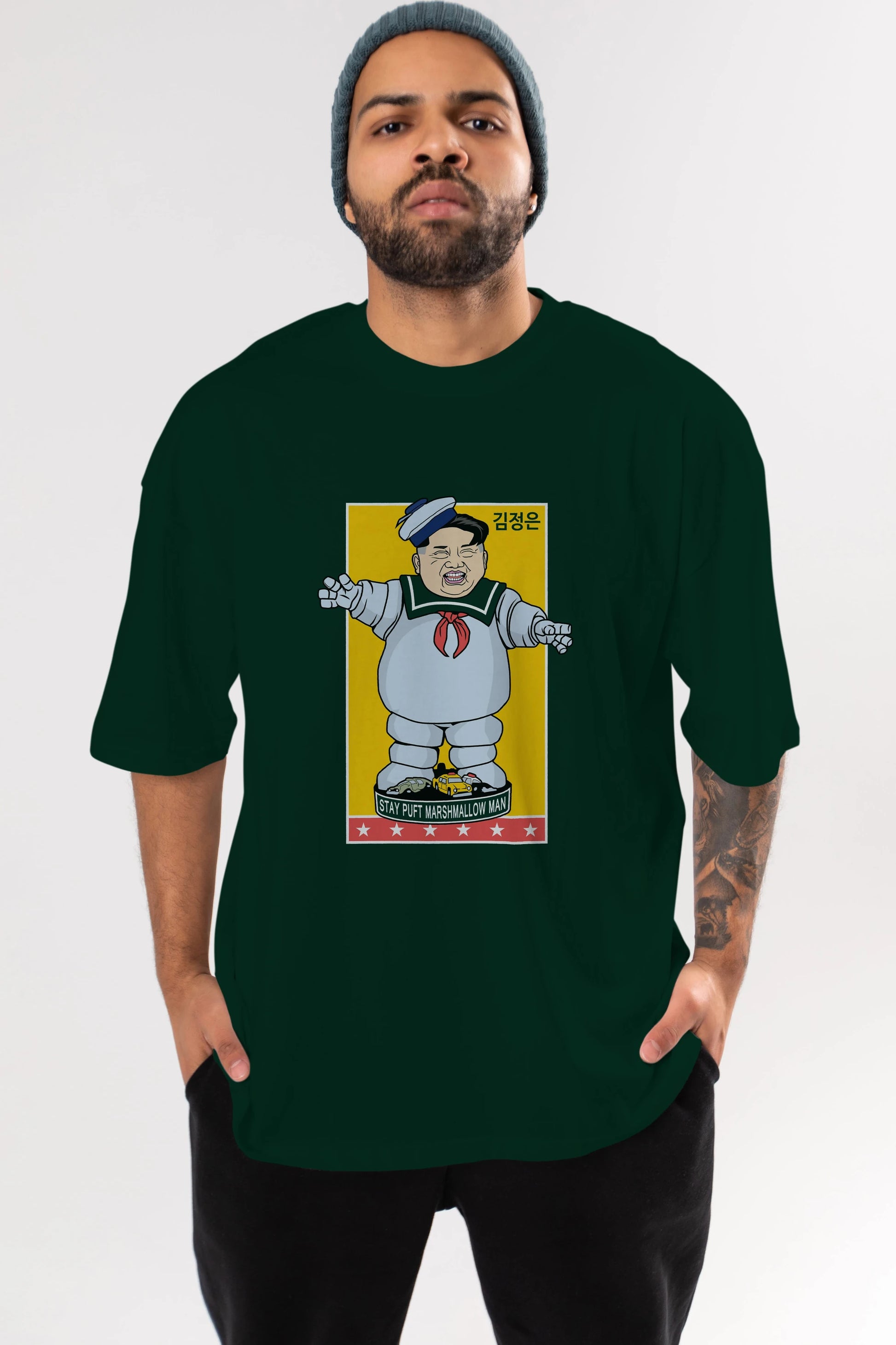 Stay Puft Jong Un Ön Baskılı Oversize t-shirt Erkek Kadın Unisex %100 Pamuk tişort