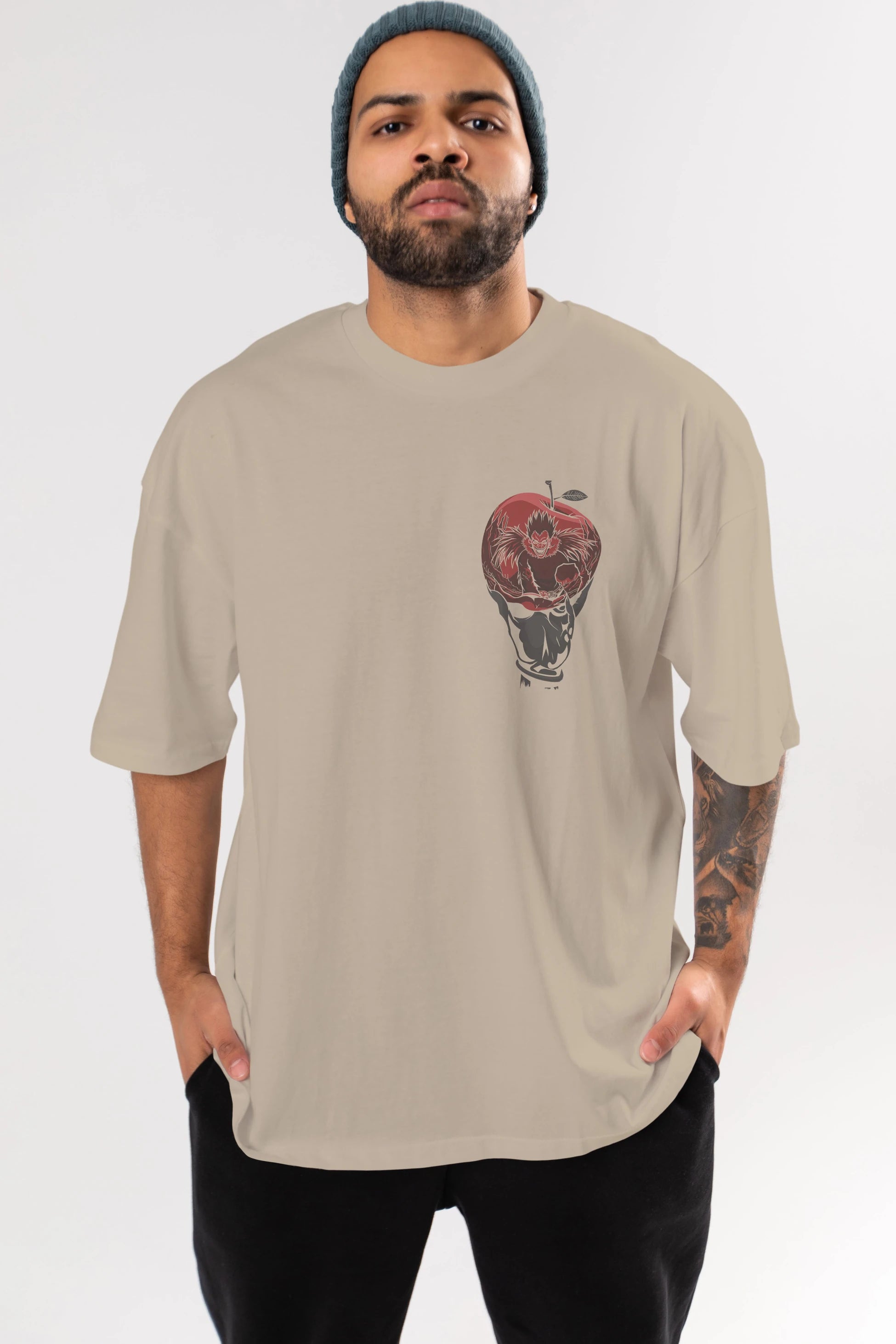 DEATH NOTE -RYUK Ön Sol Baskılı Oversize t-shirt Erkek Kadın Unisex %100 Pamuk Bisiklet Yaka tişort