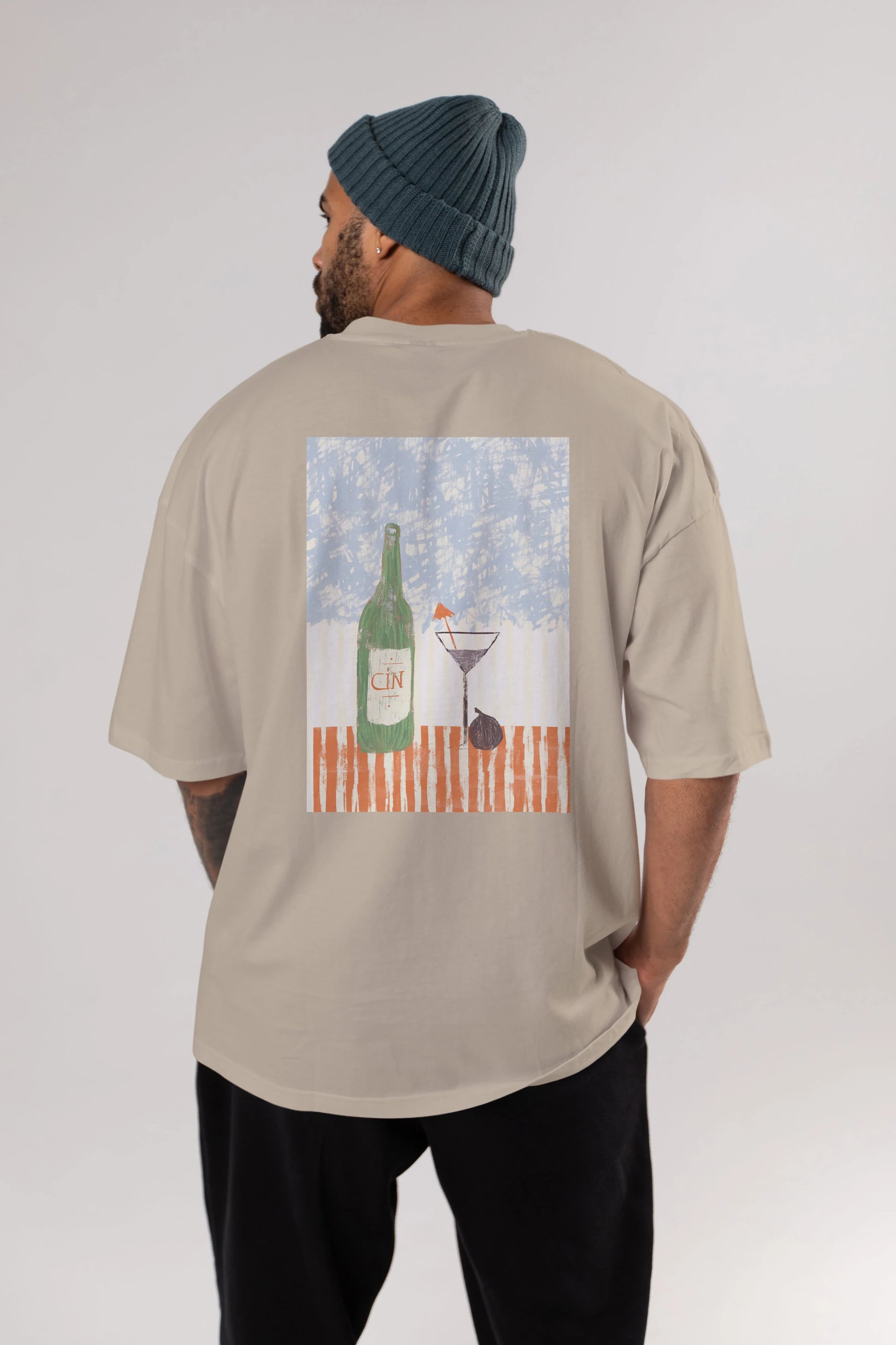 Gin Arka Baskılı Oversize t-shirt Erkek Kadın Unisex %100 Pamuk Bisiklet Yaka tişort