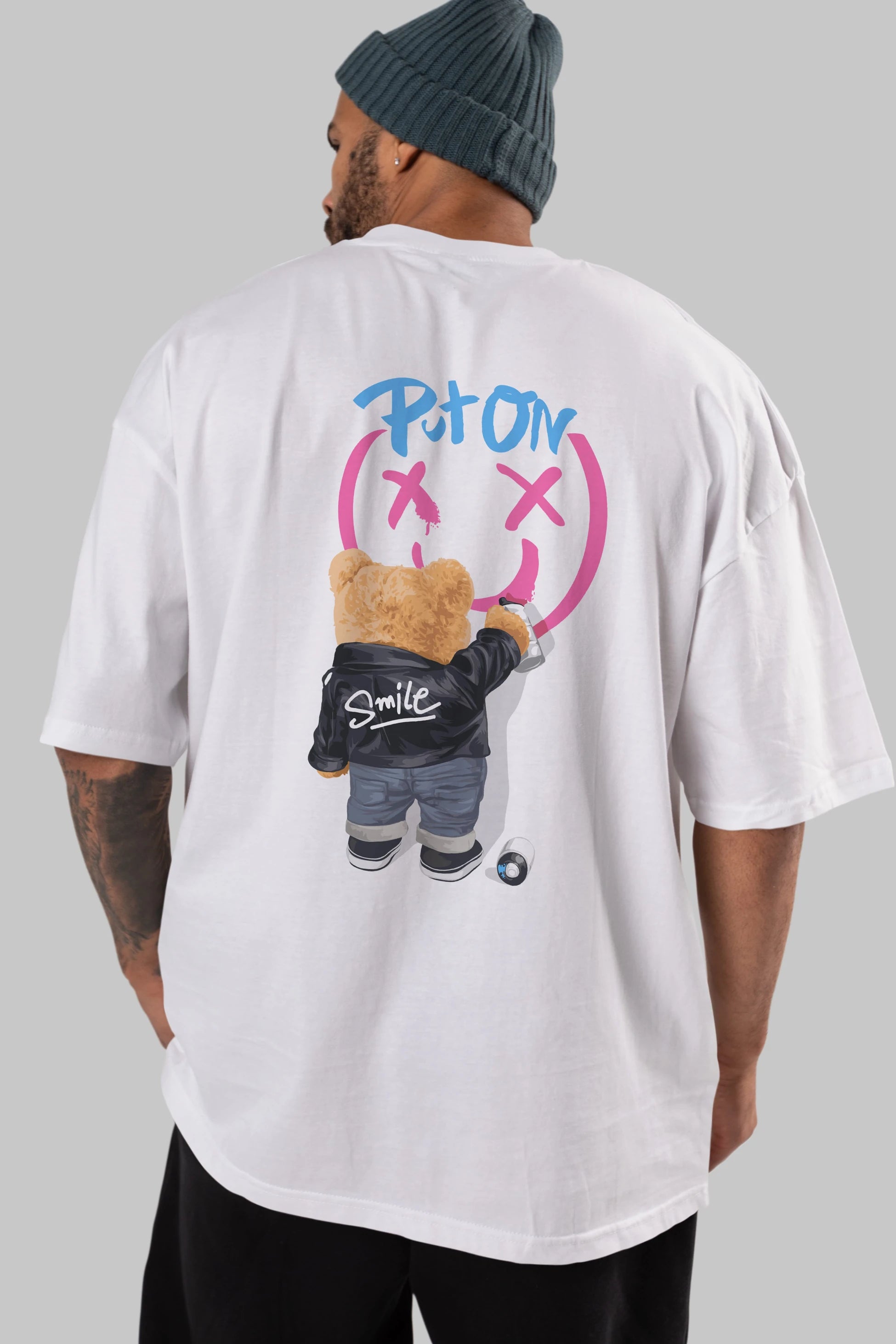 Put on Smile Bear Arka Baskılı Oversize t-shirt Erkek Kadın Unisex