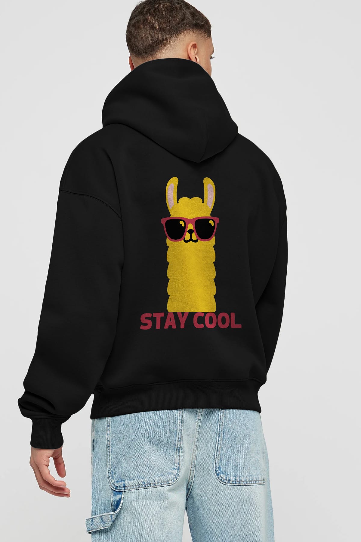 Stay Cool Yazılı Lama Arka Baskılı Oversize Hoodie Kapüşonlu Sweatshirt Erkek Kadın Unisex