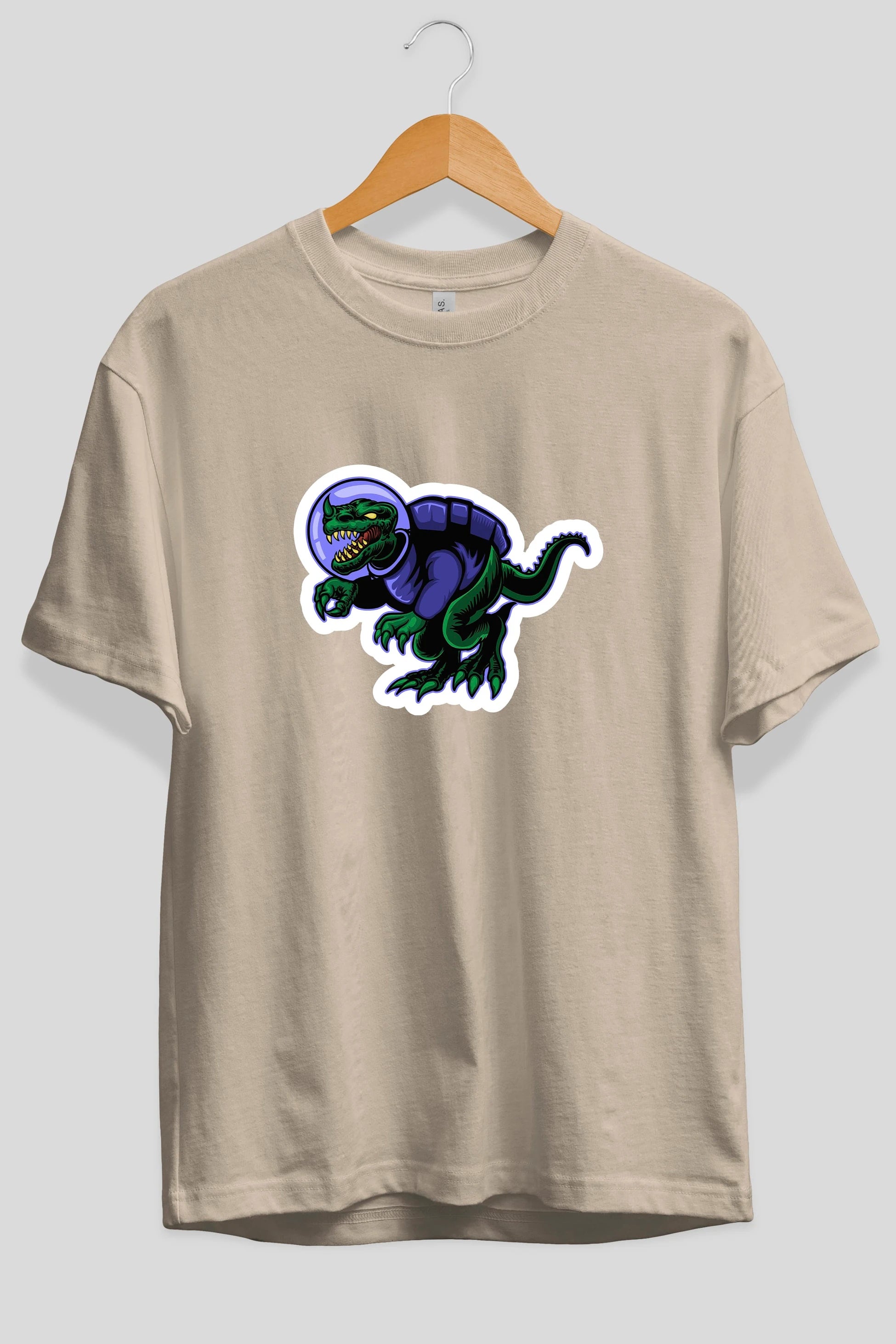 Space Dino Sticker Ön Baskılı Oversize t-shirt Erkek Kadın Unisex
