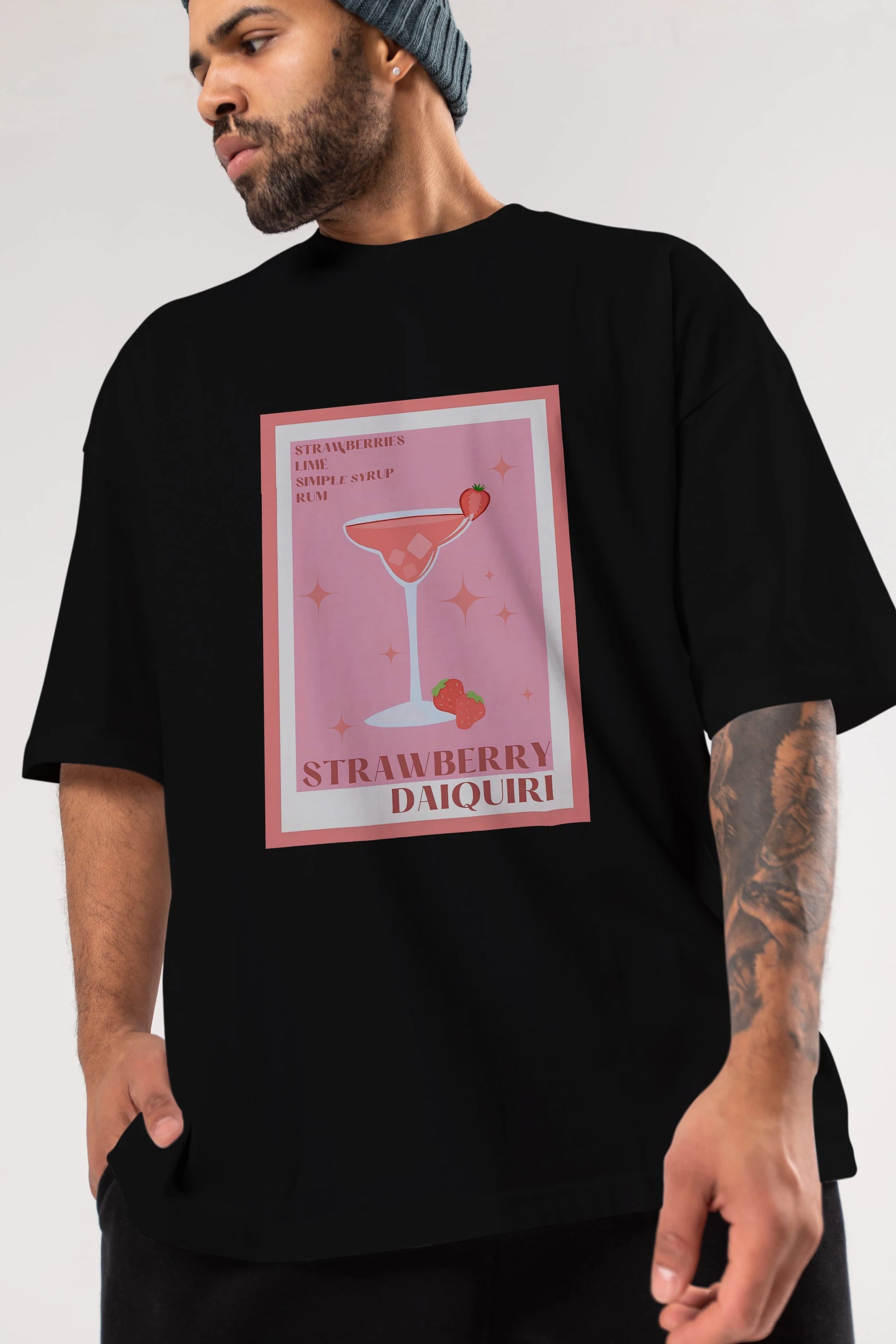 Strawberry Daiquiri Ön Baskılı Oversize t-shirt Erkek Kadın Unisex %100 Pamuk Bisiklet Yaka tişort