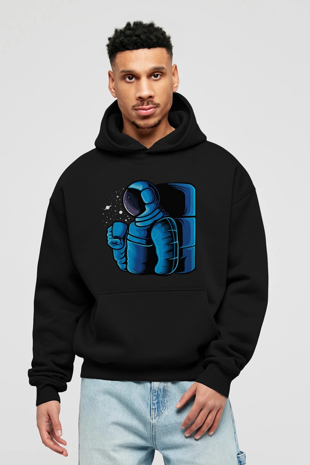 Drinking coffee in space Ön Baskılı Hoodie Oversize Kapüşonlu Sweatshirt Erkek Kadın Unisex