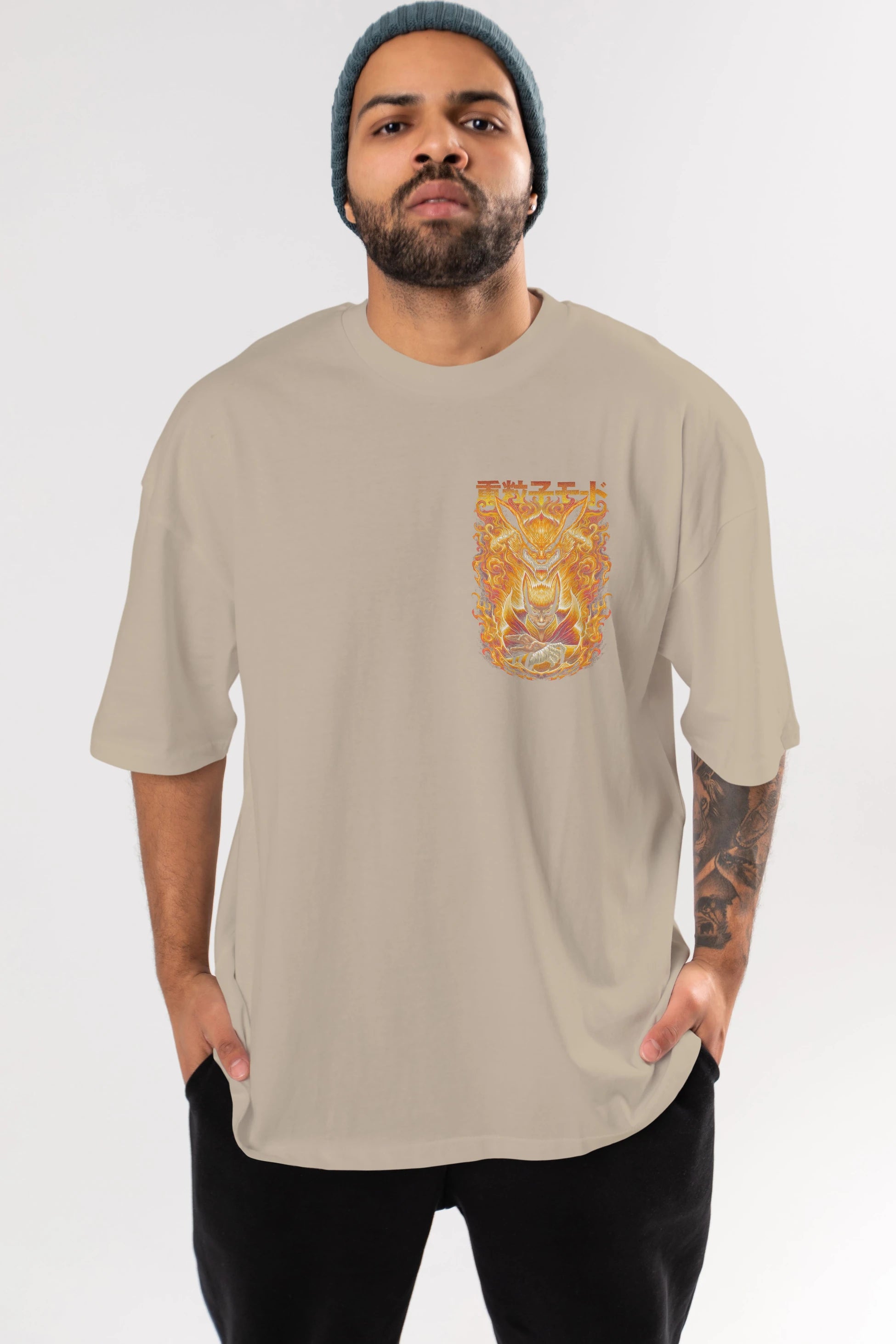 NARUTO KYUUBI 1 Ön Sol Baskılı Oversize t-shirt Erkek Kadın Unisex %100 Pamuk Bisiklet Yaka tişort
