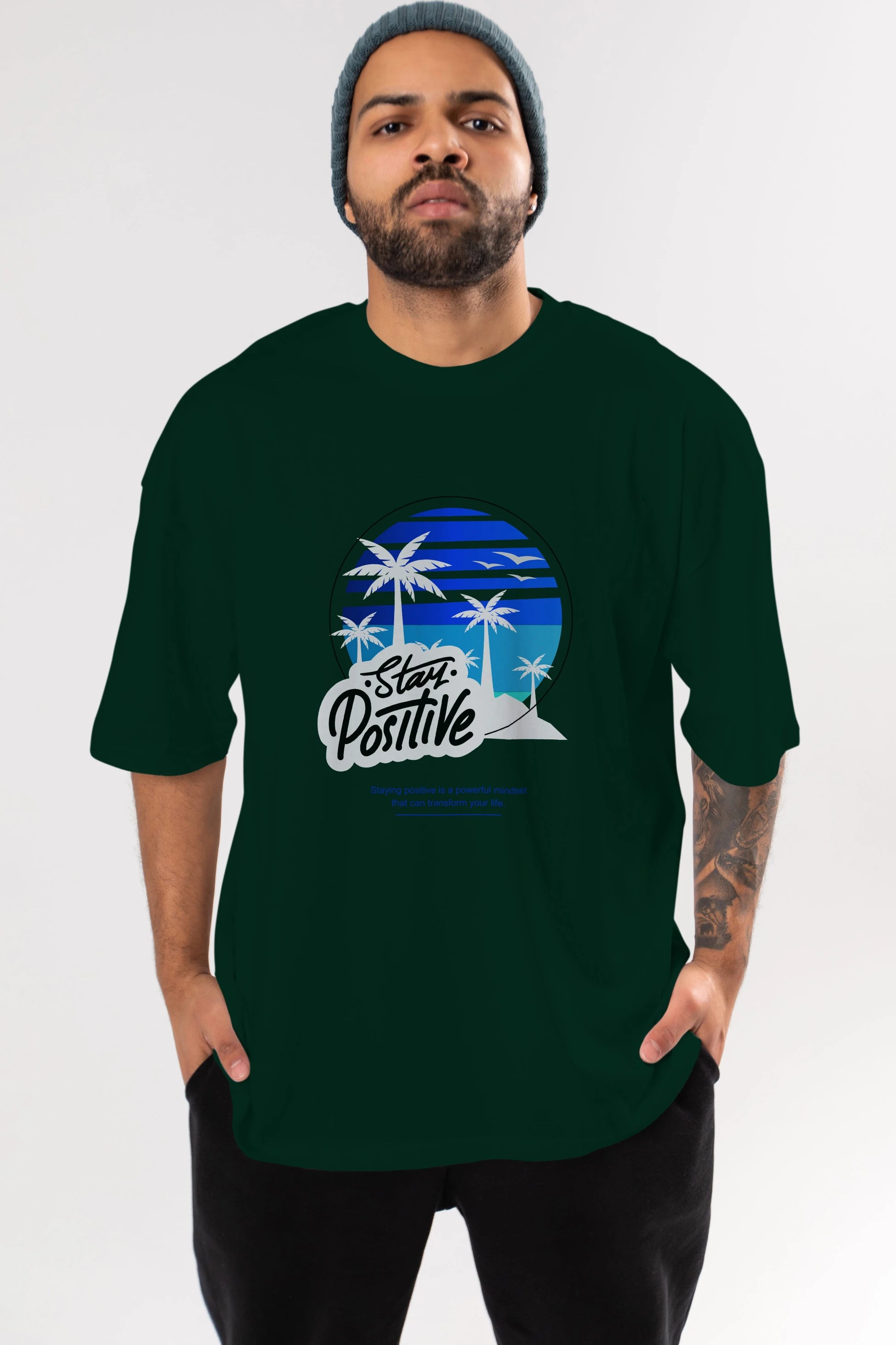 Stay Positive Yazılı Ön Baskılı Oversize t-shirt Erkek Kadın Unisex