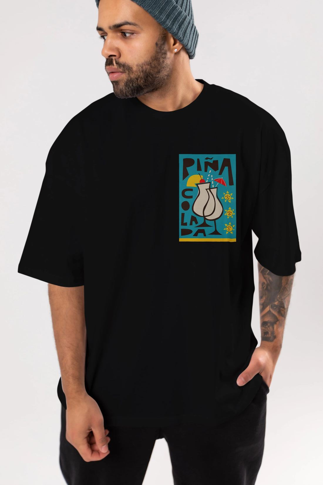 Pina Colada 4 Ön Sol Baskılı Oversize t-shirt Erkek Kadın Unisex %100 Pamuk Bisiklet Yaka tişort