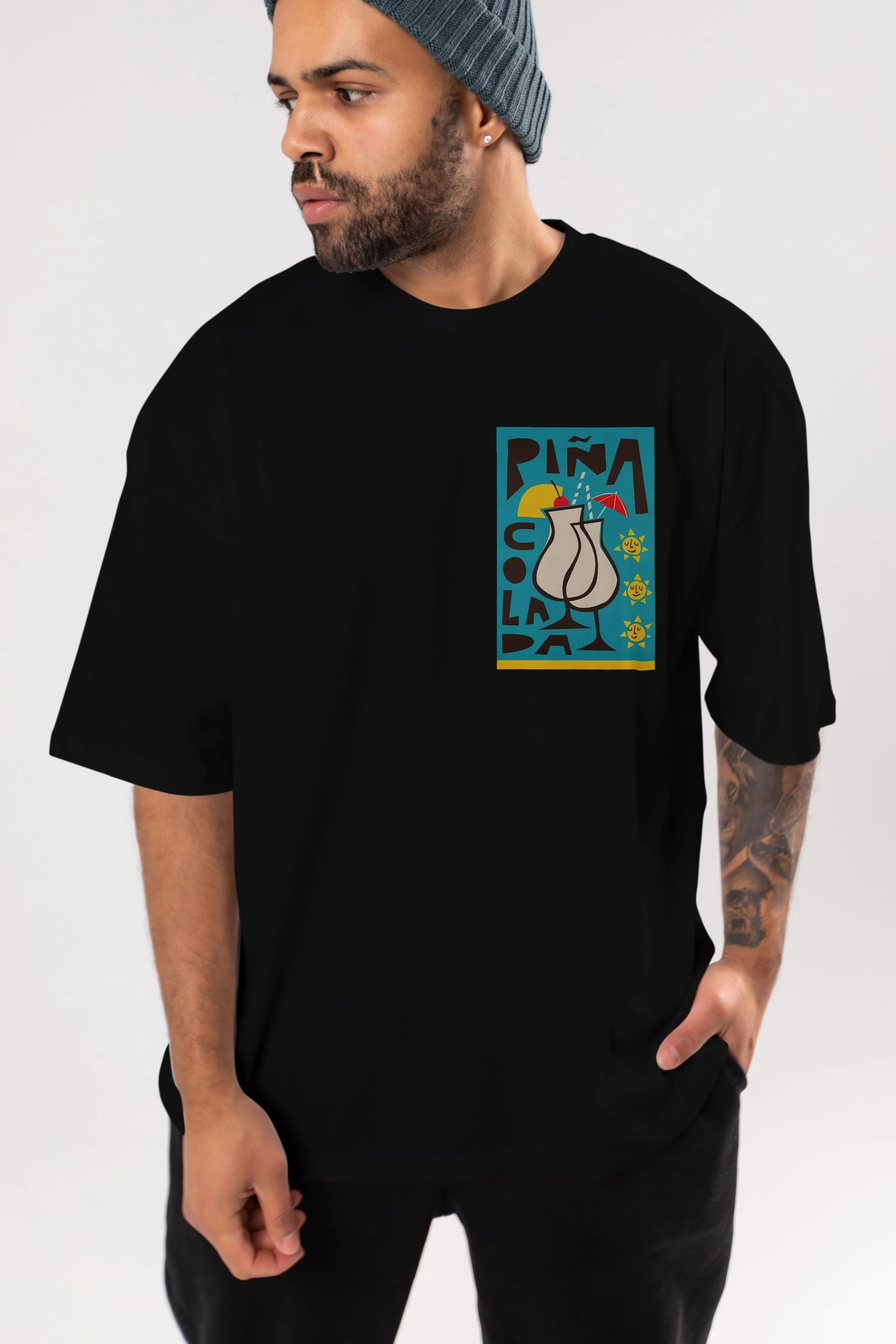 Pina Colada 4 Ön Sol Baskılı Oversize t-shirt Erkek Kadın Unisex %100 Pamuk Bisiklet Yaka tişort
