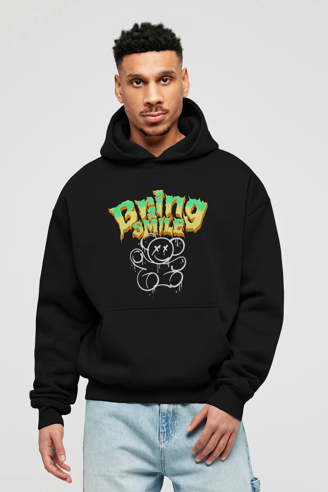 Teddy Bear Braing Smile Ön Baskılı Hoodie Oversize Kapüşonlu Sweatshirt Erkek Kadın Unisex