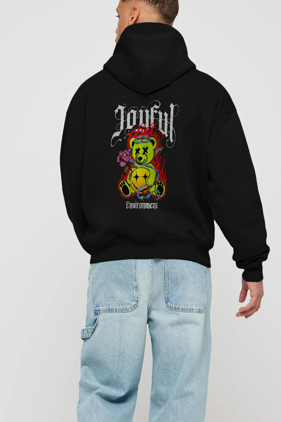 Joyful Bear Arka Baskılı Hoodie Oversize Kapüşonlu Sweatshirt Erkek Kadın Unisex