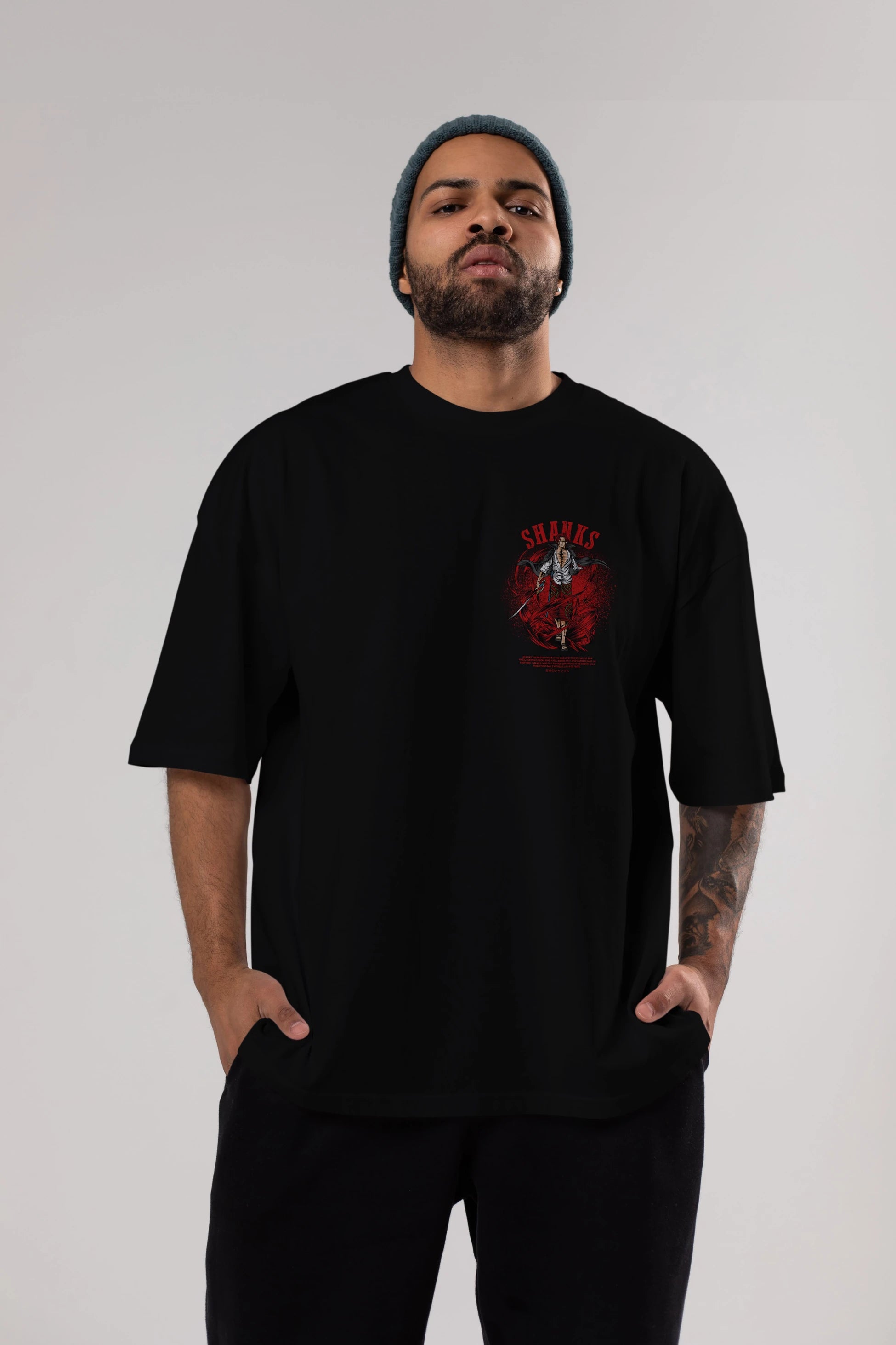 Shanks Ön Sol Baskılı Oversize t-shirt Erkek Kadın Unisex %100 Pamuk Bisiklet Yaka tişort
