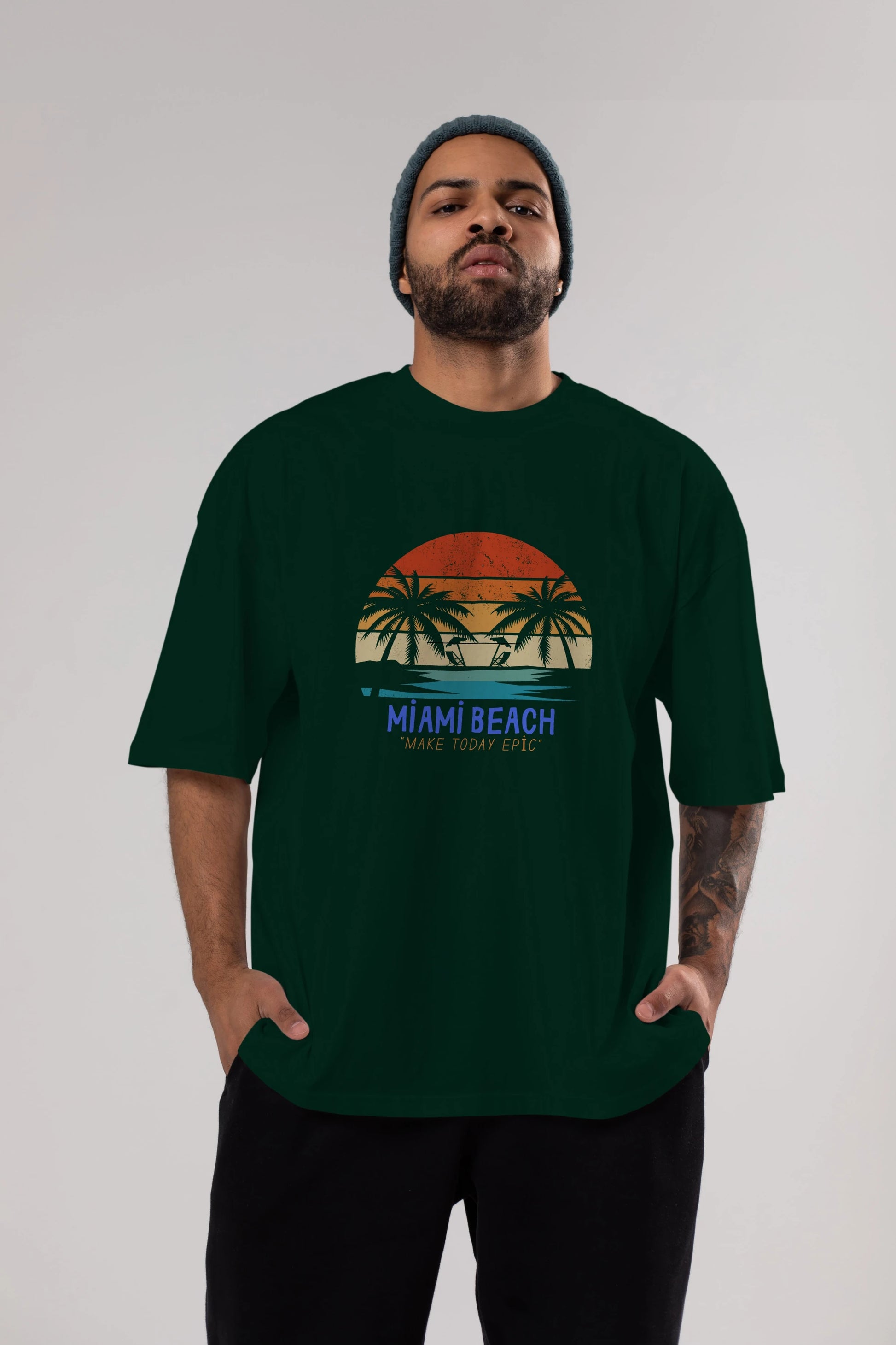 Miami Beach Yazılı Ön Baskılı Oversize t-shirt Erkek Kadın Unisex