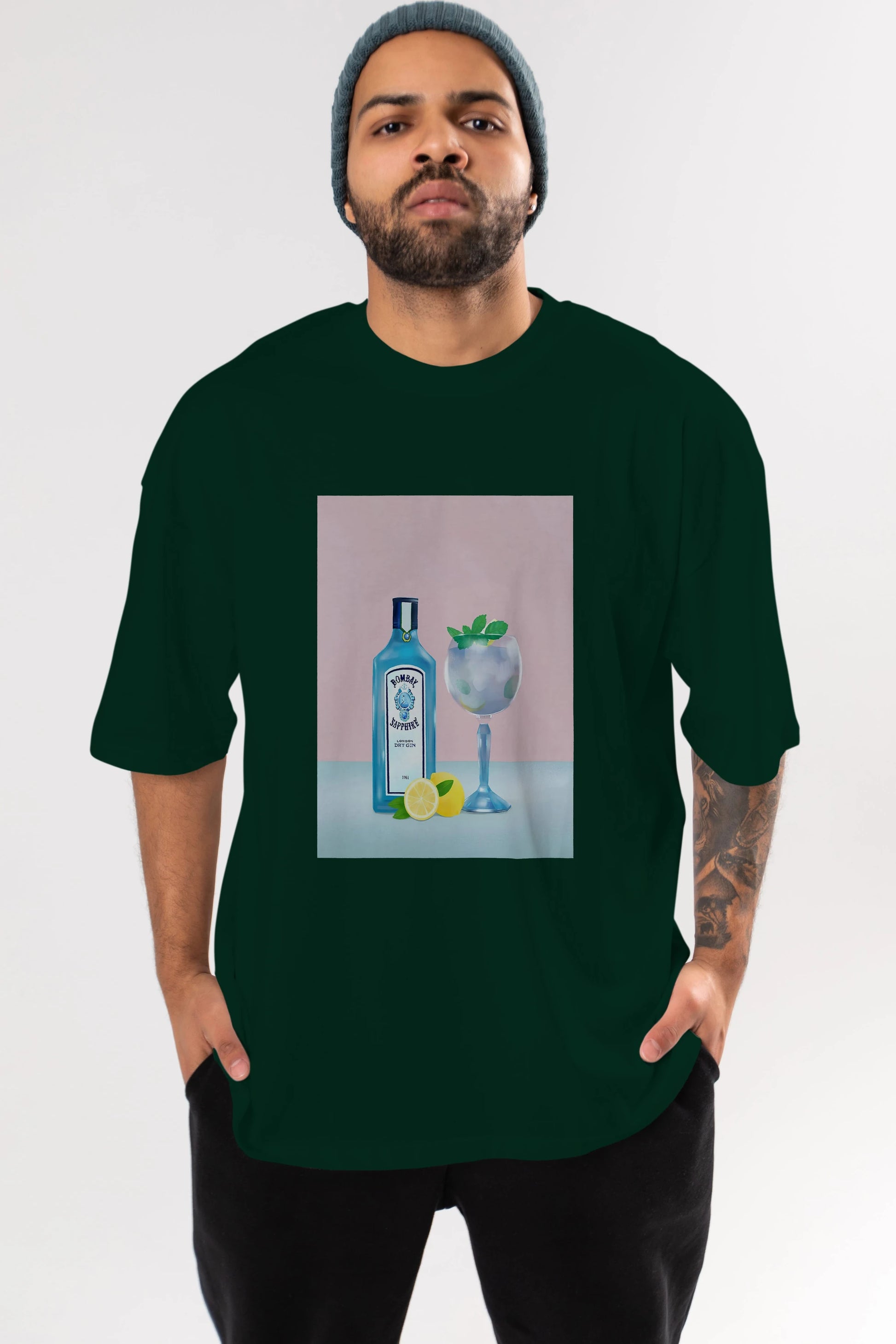Bombay Sapphire Dry Gin Ön Baskılı Oversize t-shirt Erkek Kadın Unisex %100 Pamuk Bisiklet Yaka tişort