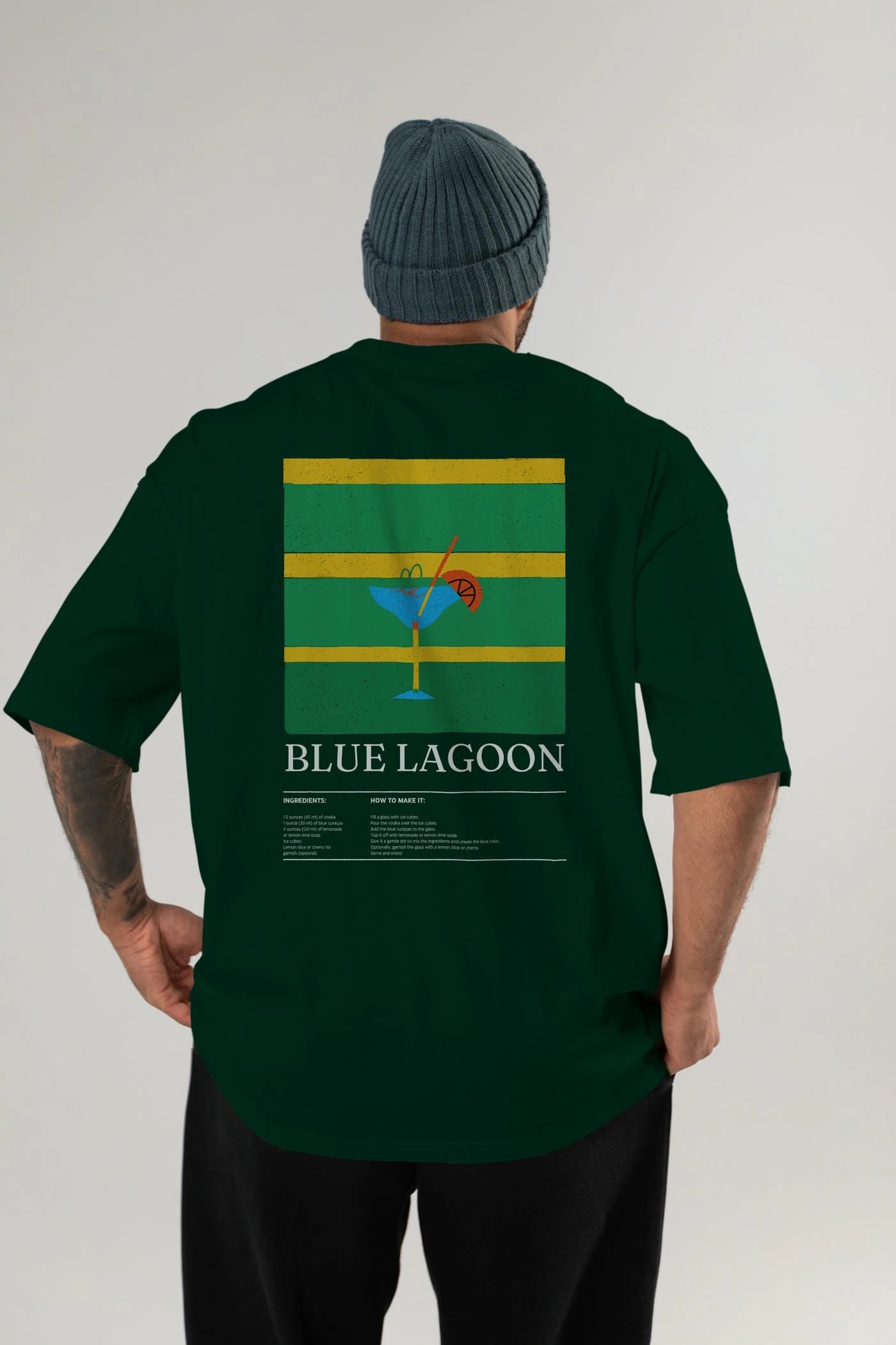 Blue Lagoon Kokteyl Serisi Arka Baskılı Oversize t-shirt Erkek Kadın %100 Pamuk Bisiklet Yaka tişort