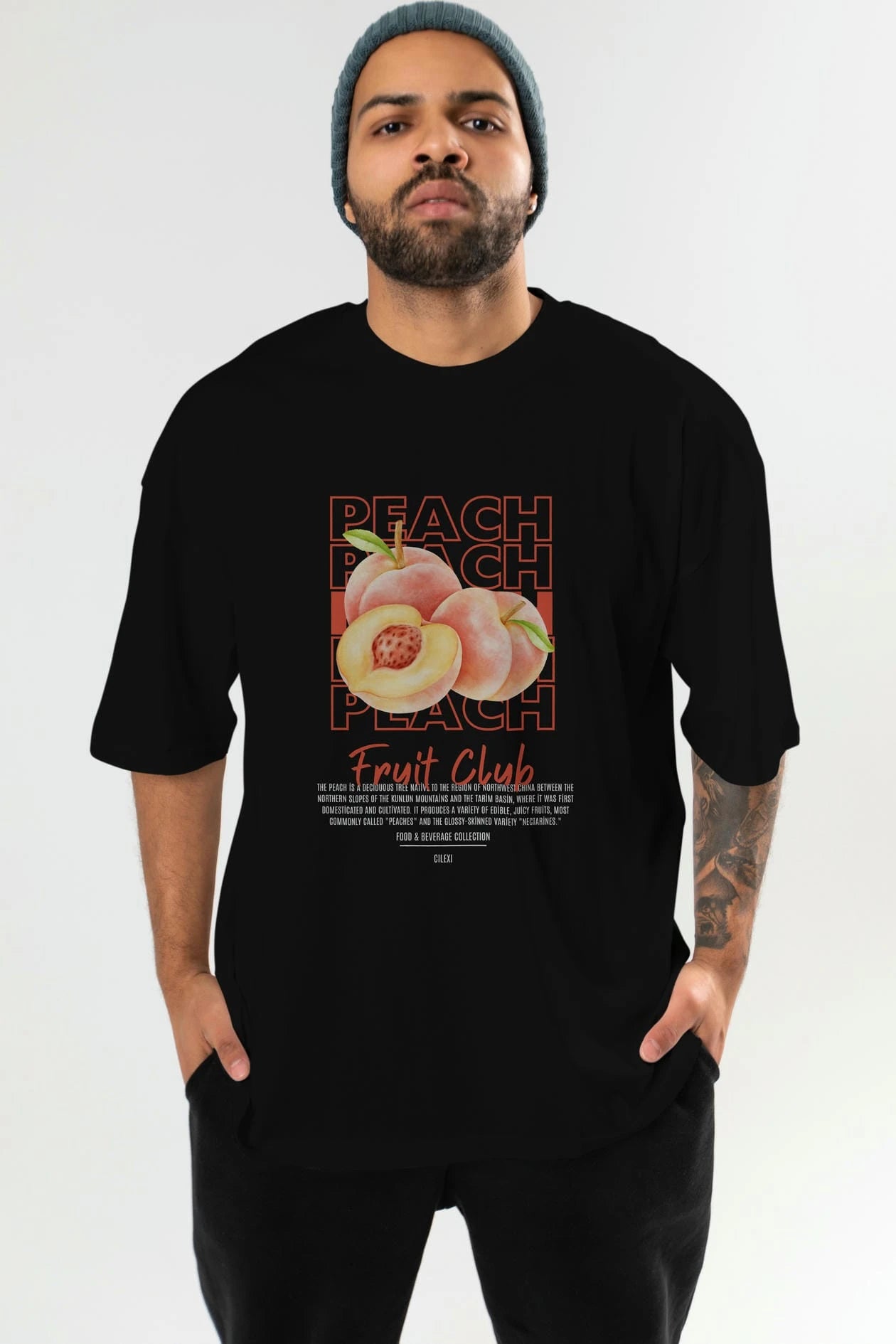 Peach Ön Baskılı Oversize t-shirt Erkek Kadın Pamuk Bisiklet Yaka tişort