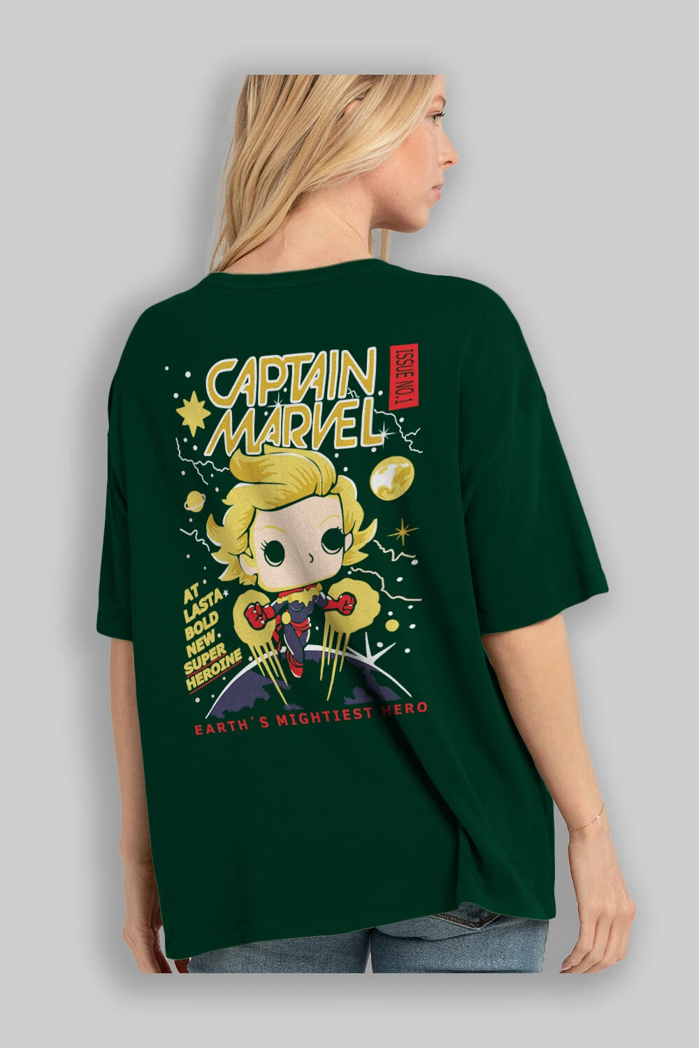 Captain Marvel Arka Baskılı Oversize t-shirt Erkek Kadın Unisex %100 Pamuk Bisiklet Yaka tişort