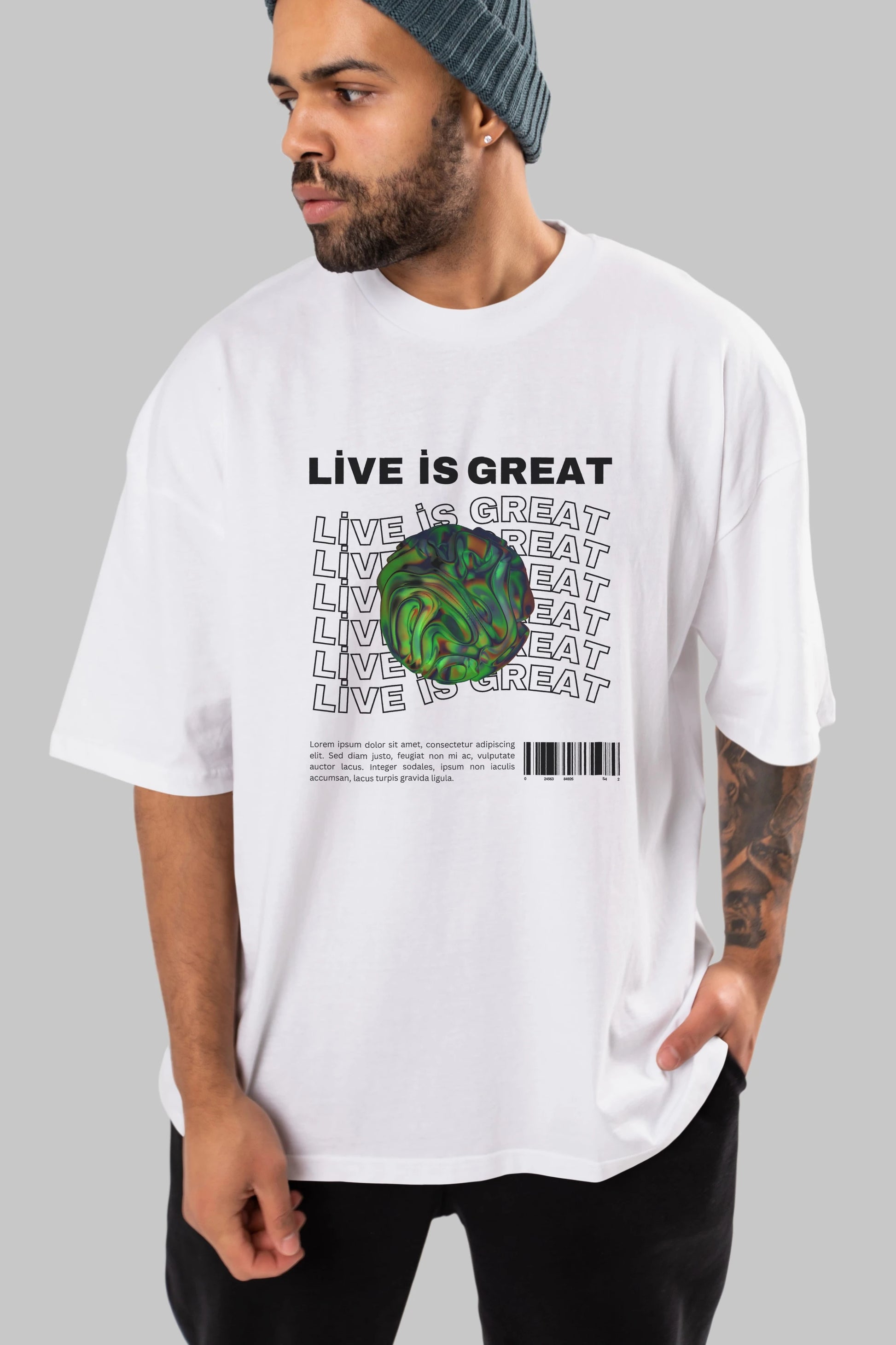 Live is Great Yazılı Ön Baskılı Oversize t-shirt Erkek Kadın Unisex