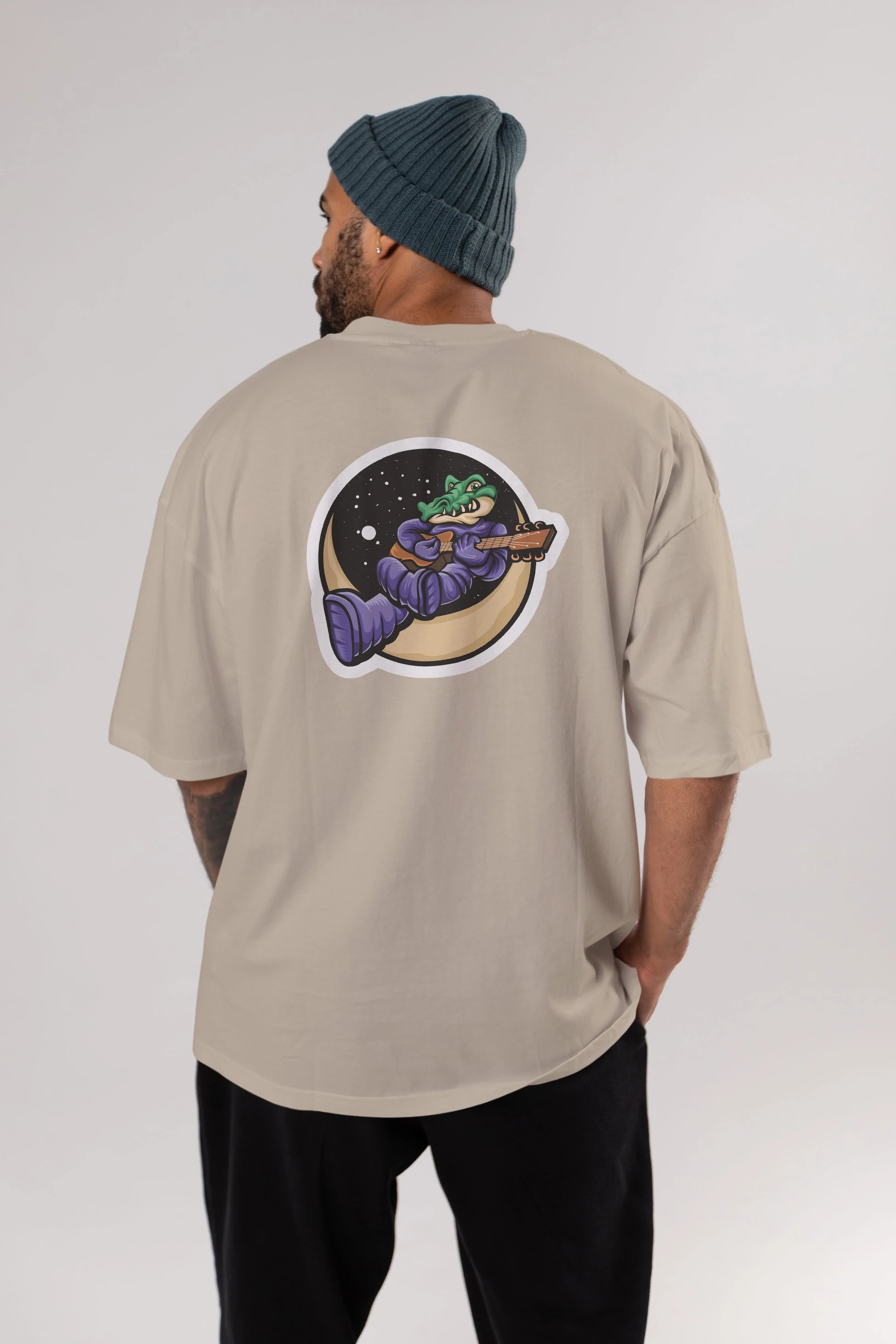 Space Crocodile Sticker Arka Baskılı Oversize t-shirt Erkek Kadın Unisex