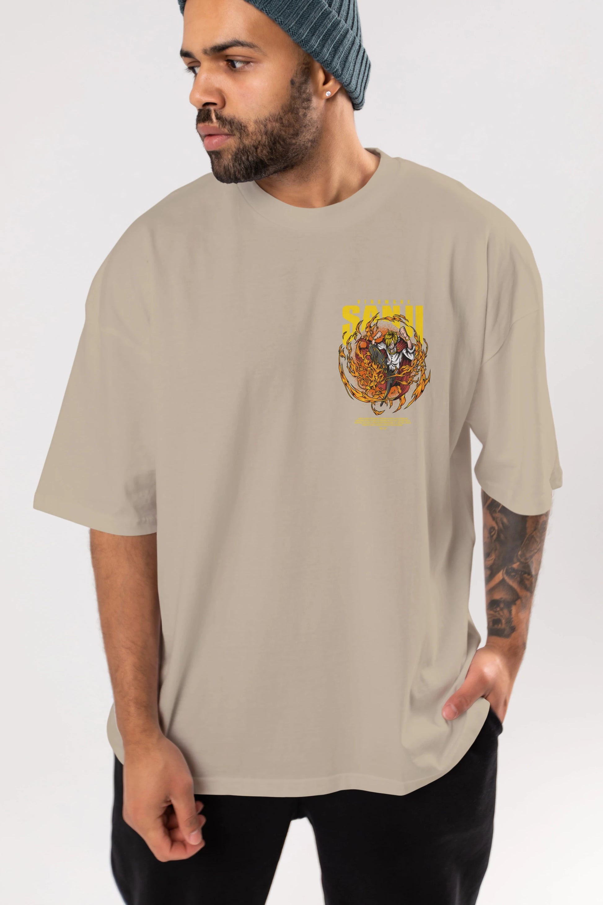 Vinsmoke Sanji Ön Sol Baskılı Oversize t-shirt Erkek Kadın Unisex %100 Pamuk Bisiklet Yaka tişort