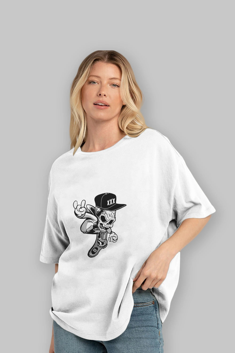 Skull Skateboard Ön Baskılı Oversize t-shirt Erkek Kadın Unisex %100 Pamuk tişort