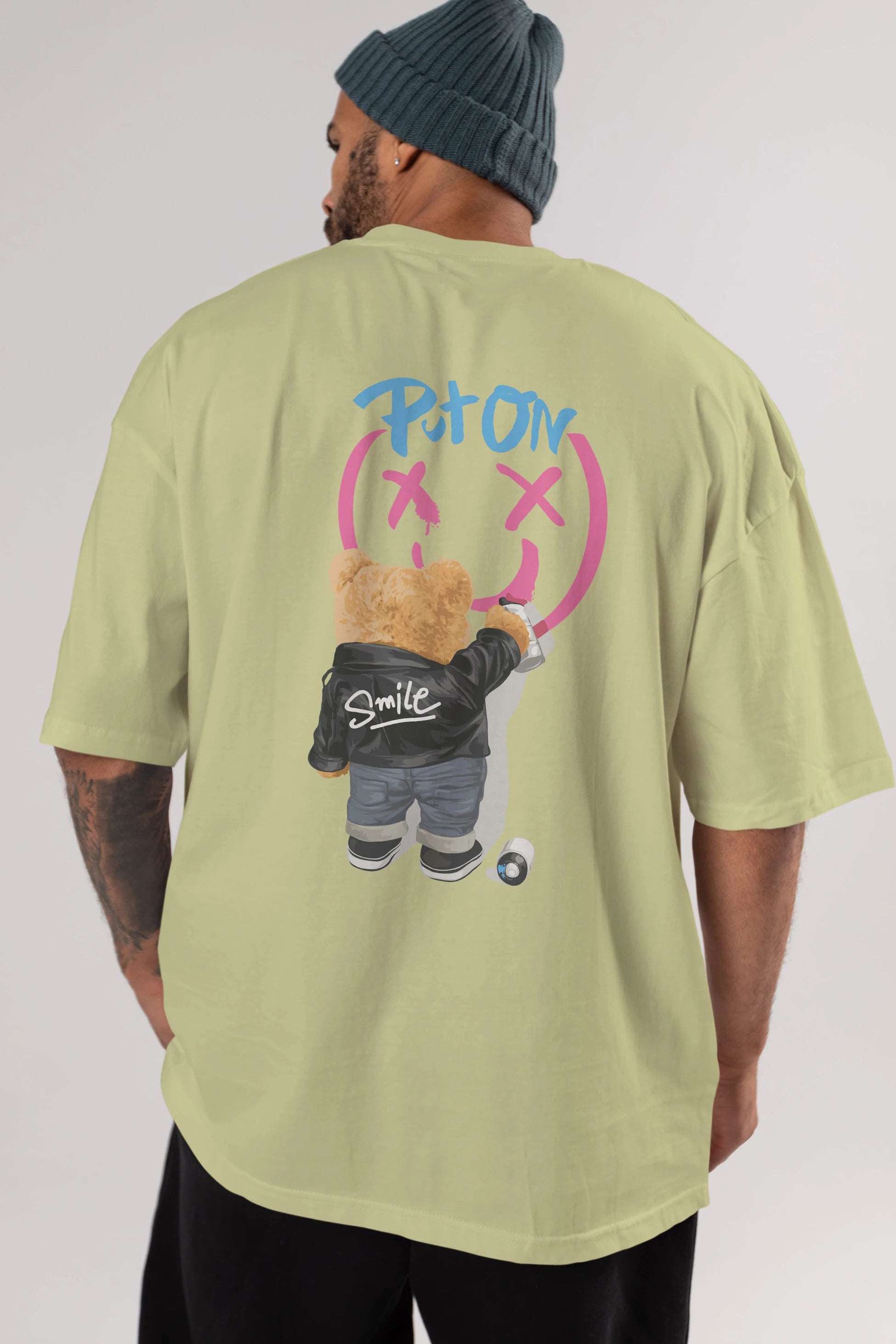 Put on Smile Bear Arka Baskılı Oversize t-shirt Erkek Kadın Unisex
