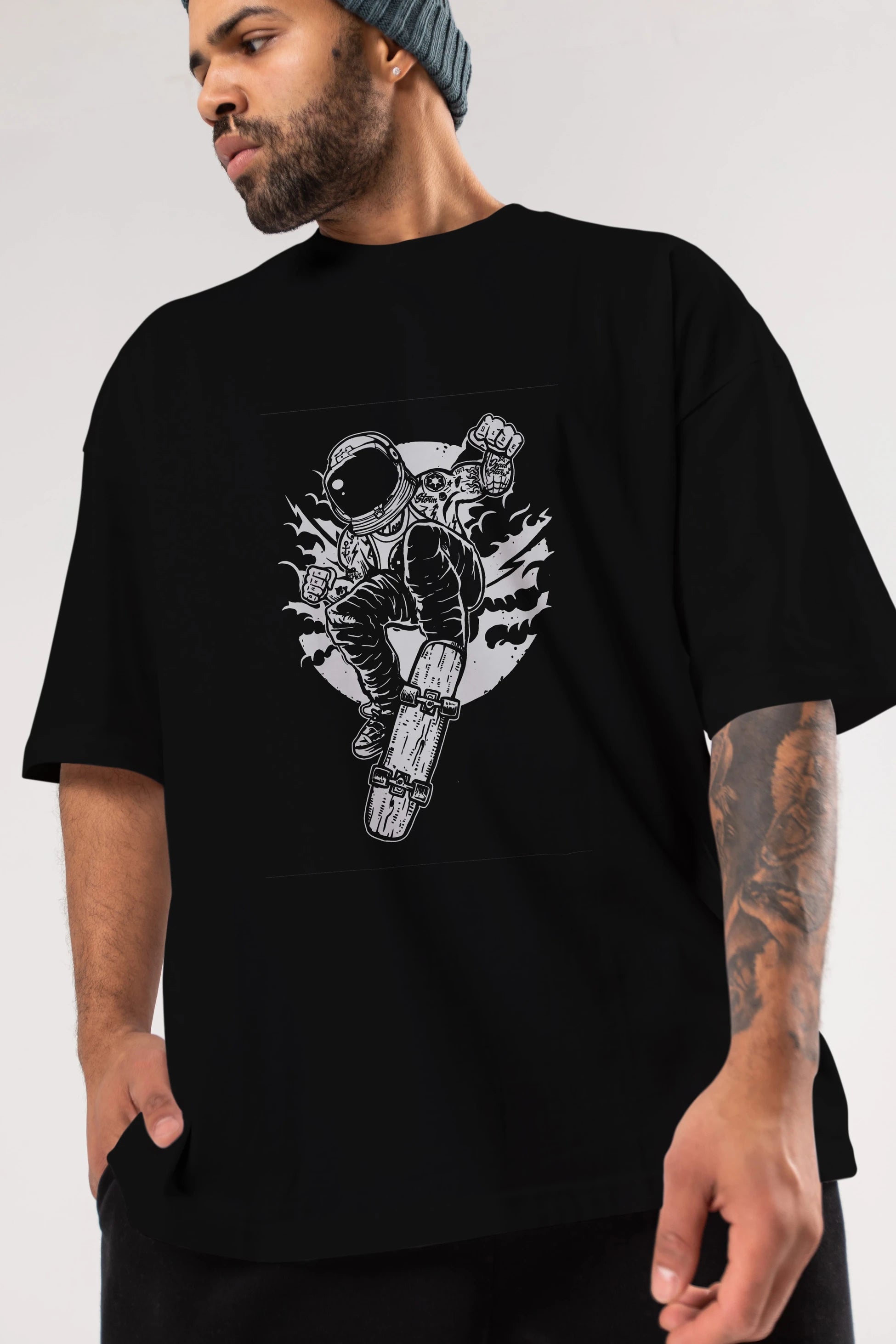 Space Skater Ön Baskılı Oversize t-shirt Erkek Kadın Unisex %100 Pamuk tişort