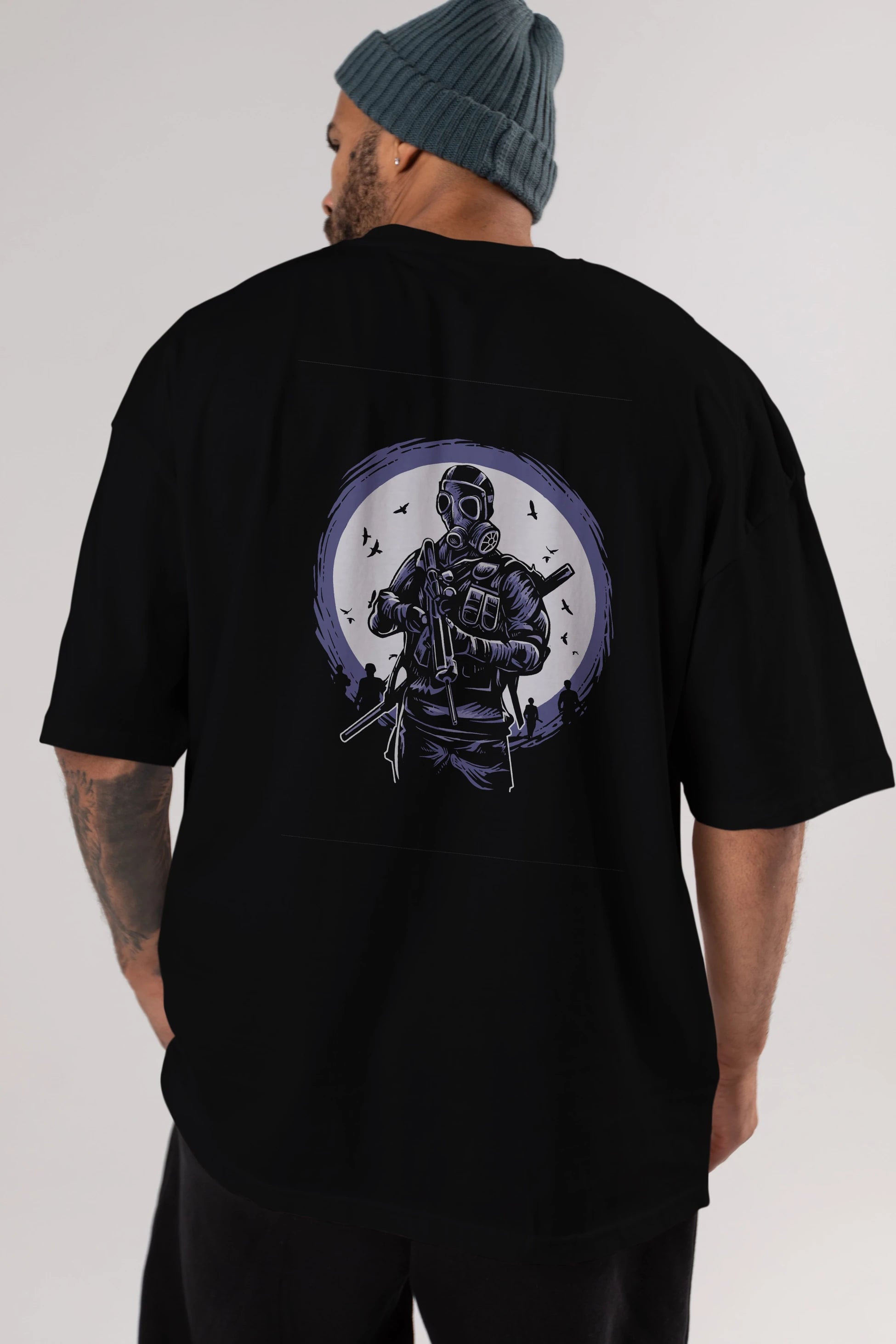 Gas Mask Soldier Arka Baskılı Oversize t-shirt Erkek Kadın Unisex %100 Pamuk