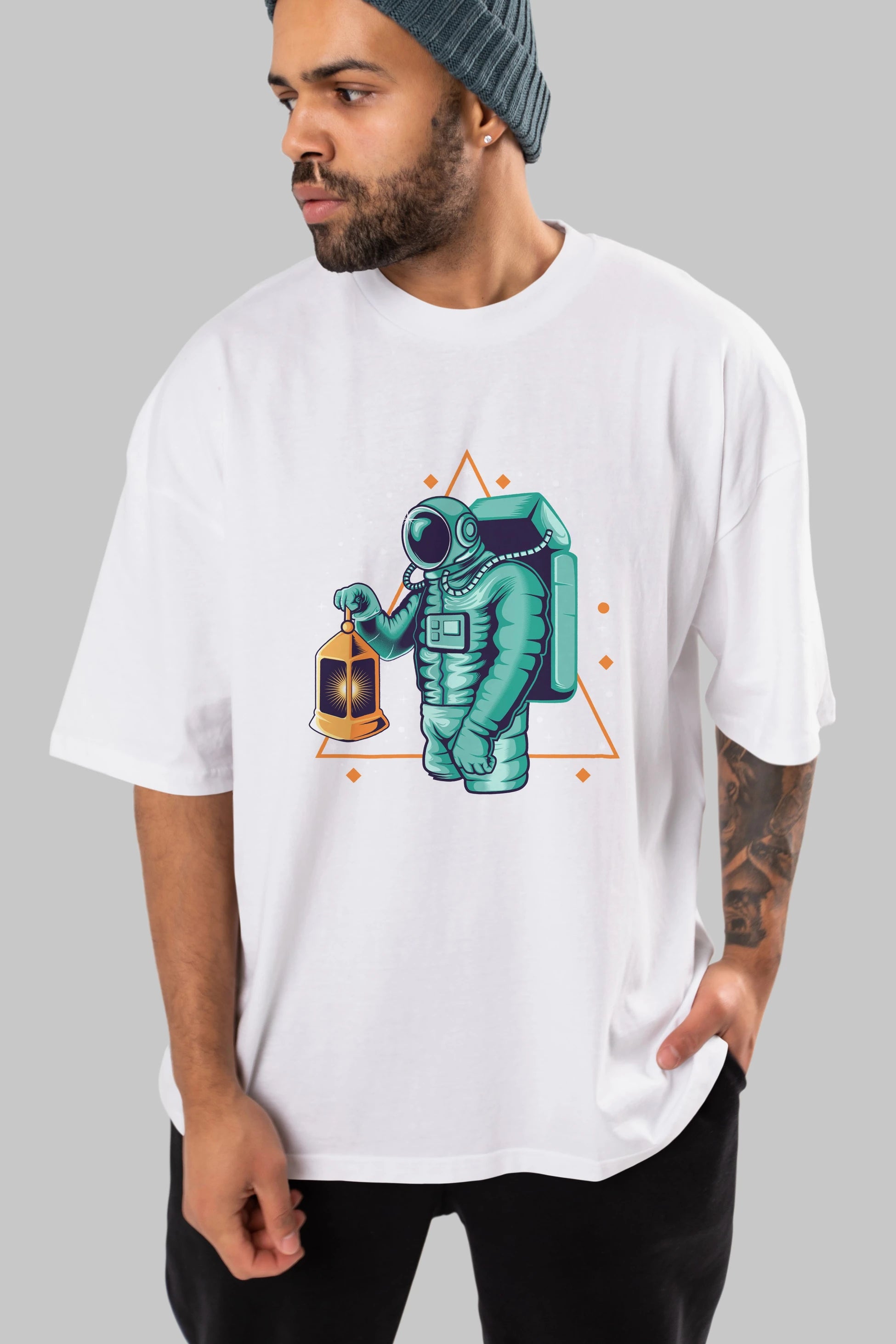 Astronaut Lantern Ön Baskılı Oversize t-shirt Erkek Kadın Unisex