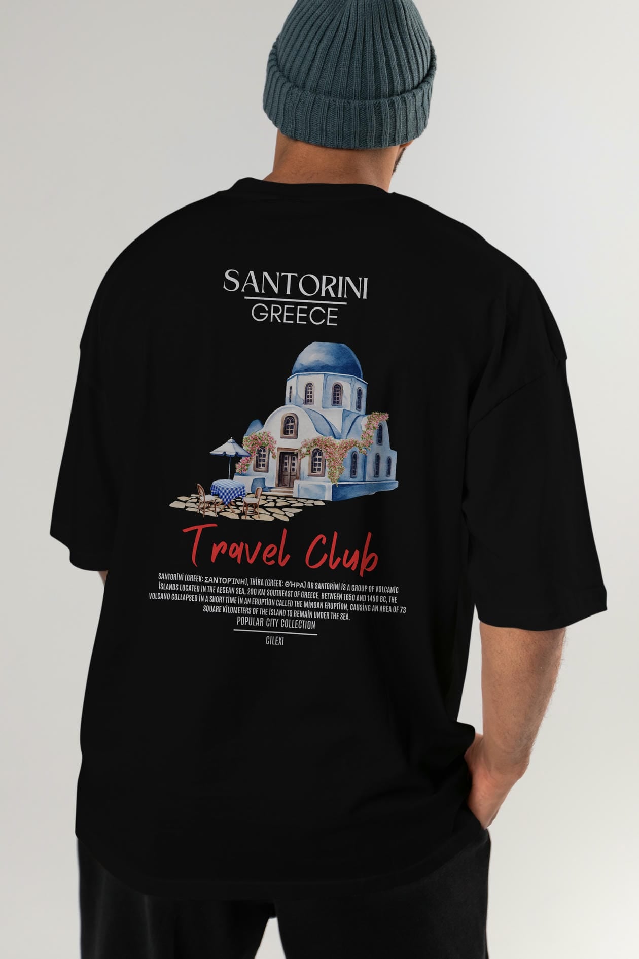 Santorini Greece Arka Baskılı Oversize t-shirt Erkek Kadın Pamuk Bisiklet Yaka tişort