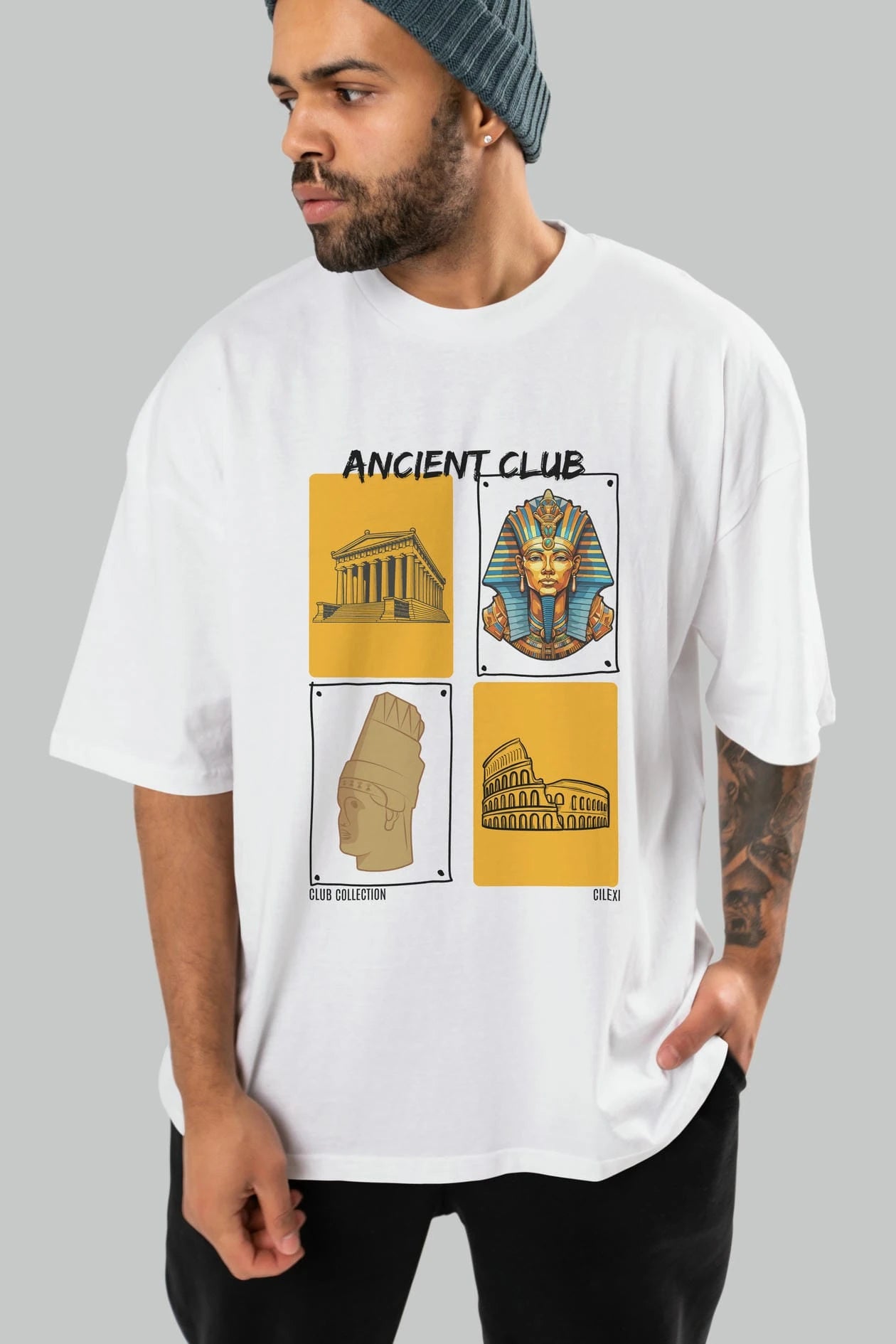 Ancient Club ön Baskılı Oversize t-shirt Erkek Kadın %100 Pamuk Bisiklet Yaka tişort