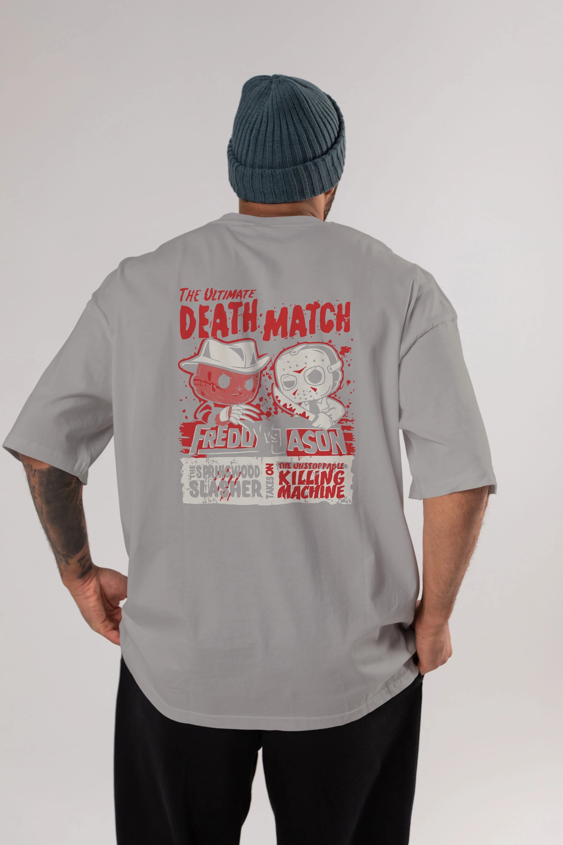 Freddy vs Jason Arka Baskılı Oversize t-shirt Erkek Kadın Unisex %100 Pamuk Bisiklet Yaka tişort