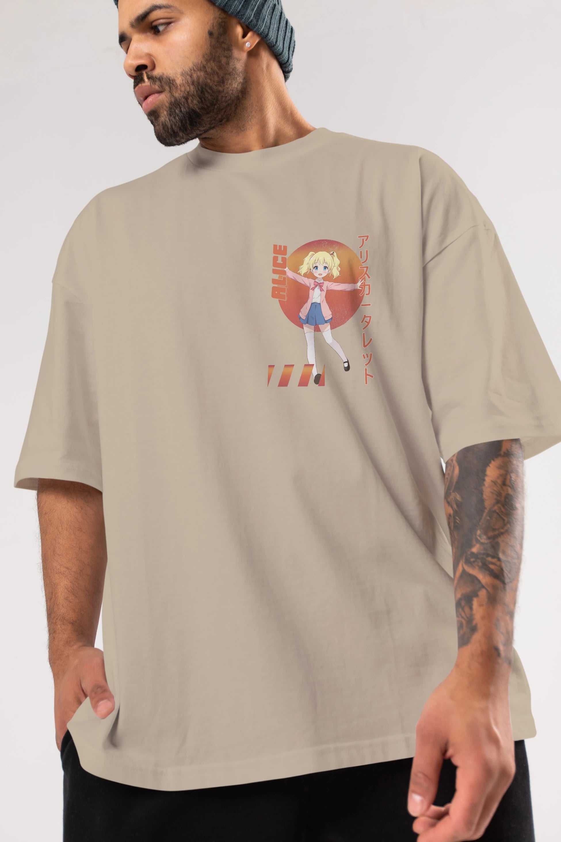 Alice Cartelet 15 Ön Sol Baskılı Oversize t-shirt Erkek Kadın Unisex %100 Pamuk Bisiklet Yaka tişort