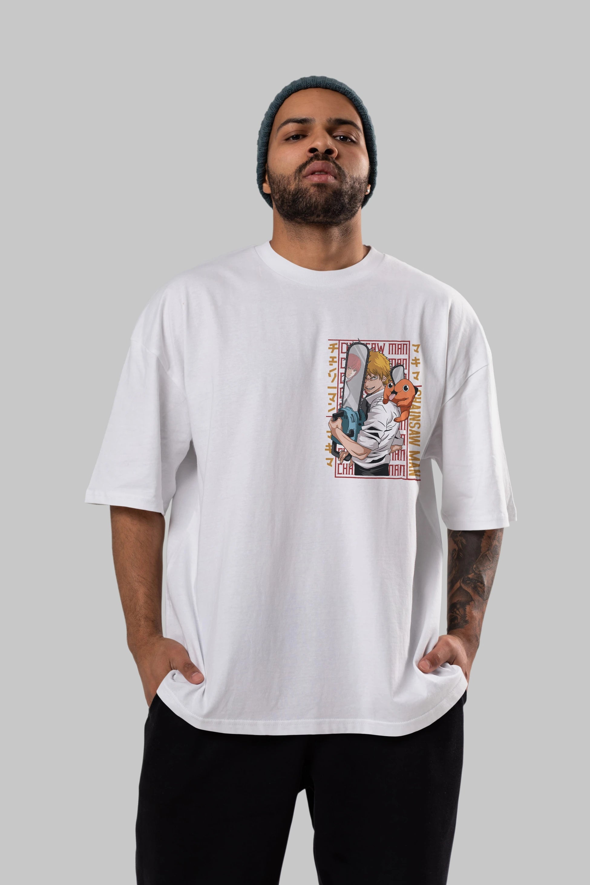 Chainsaw DENJI Ön Sol Baskılı Oversize t-shirt Erkek Kadın Unisex %100 Pamuk Bisiklet Yaka tişort