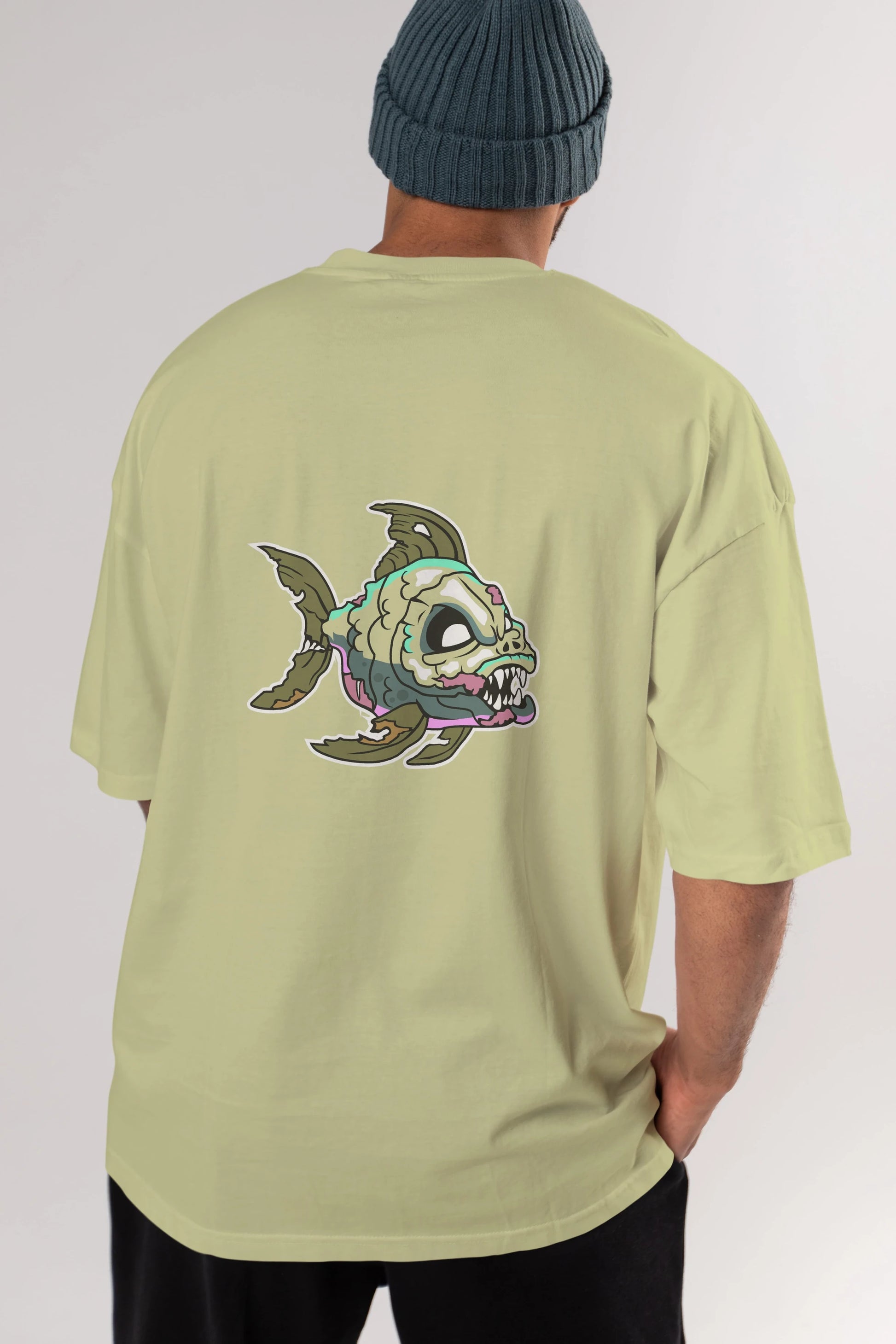 Fish Monster Arka Baskılı Oversize t-shirt Erkek Kadın Unisex %100 Pamuk tişort