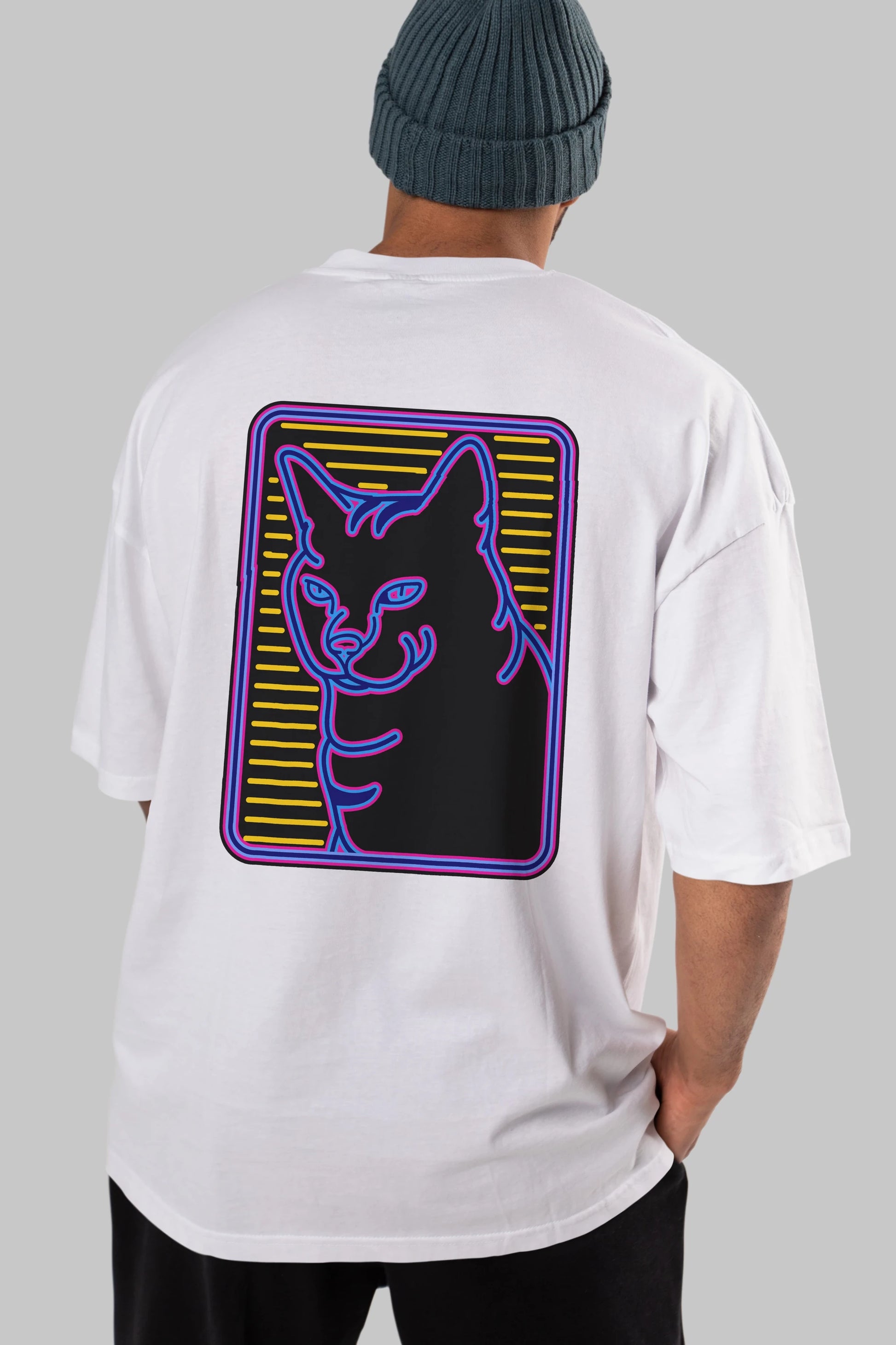 Neon Cat Arka Baskılı Oversize t-shirt Erkek Kadın Unisex