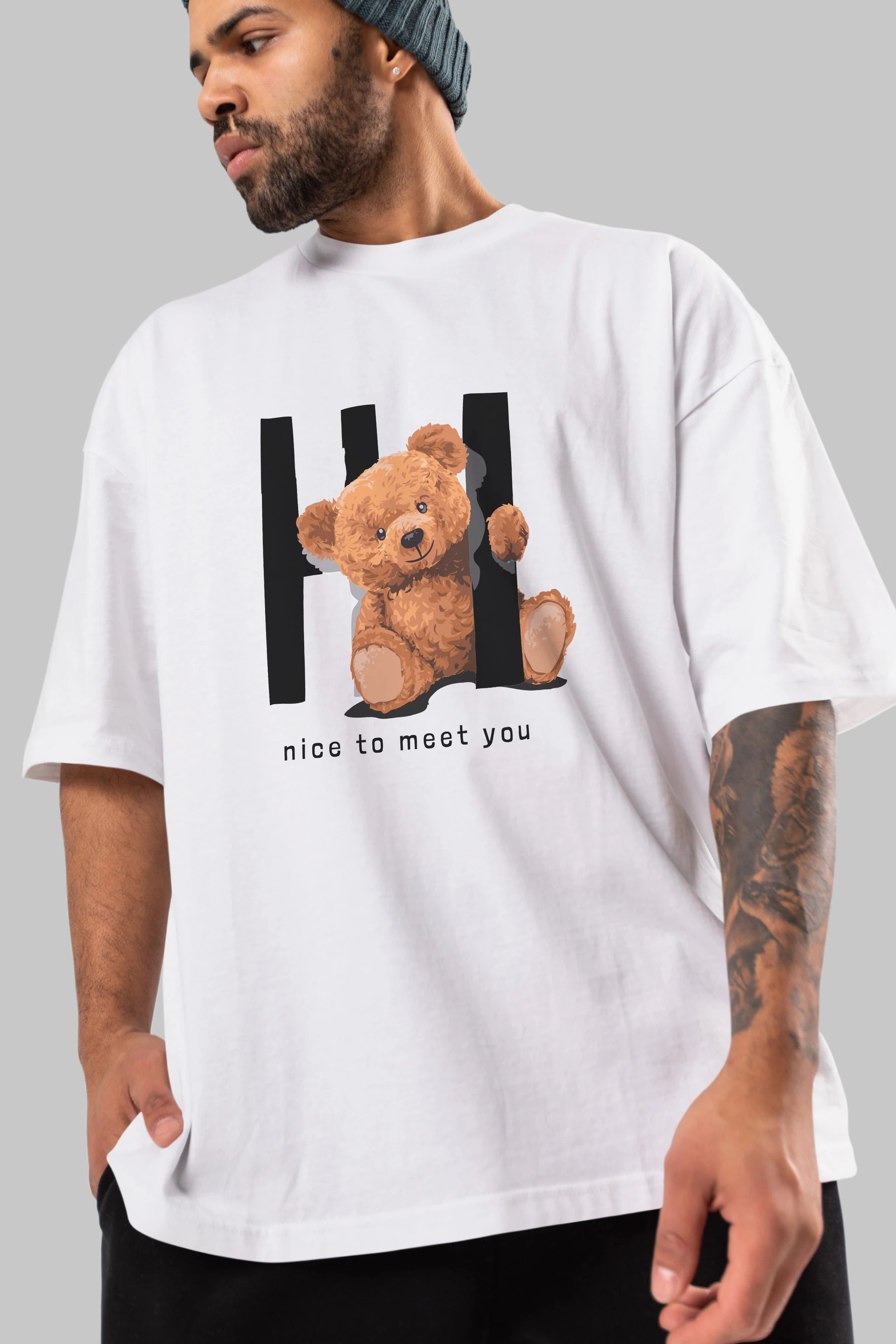 Teddy Bear Hi Nice To Meet You Ön Baskılı Oversize t-shirt Erkek Kadın Unisex %100 Pamuk
