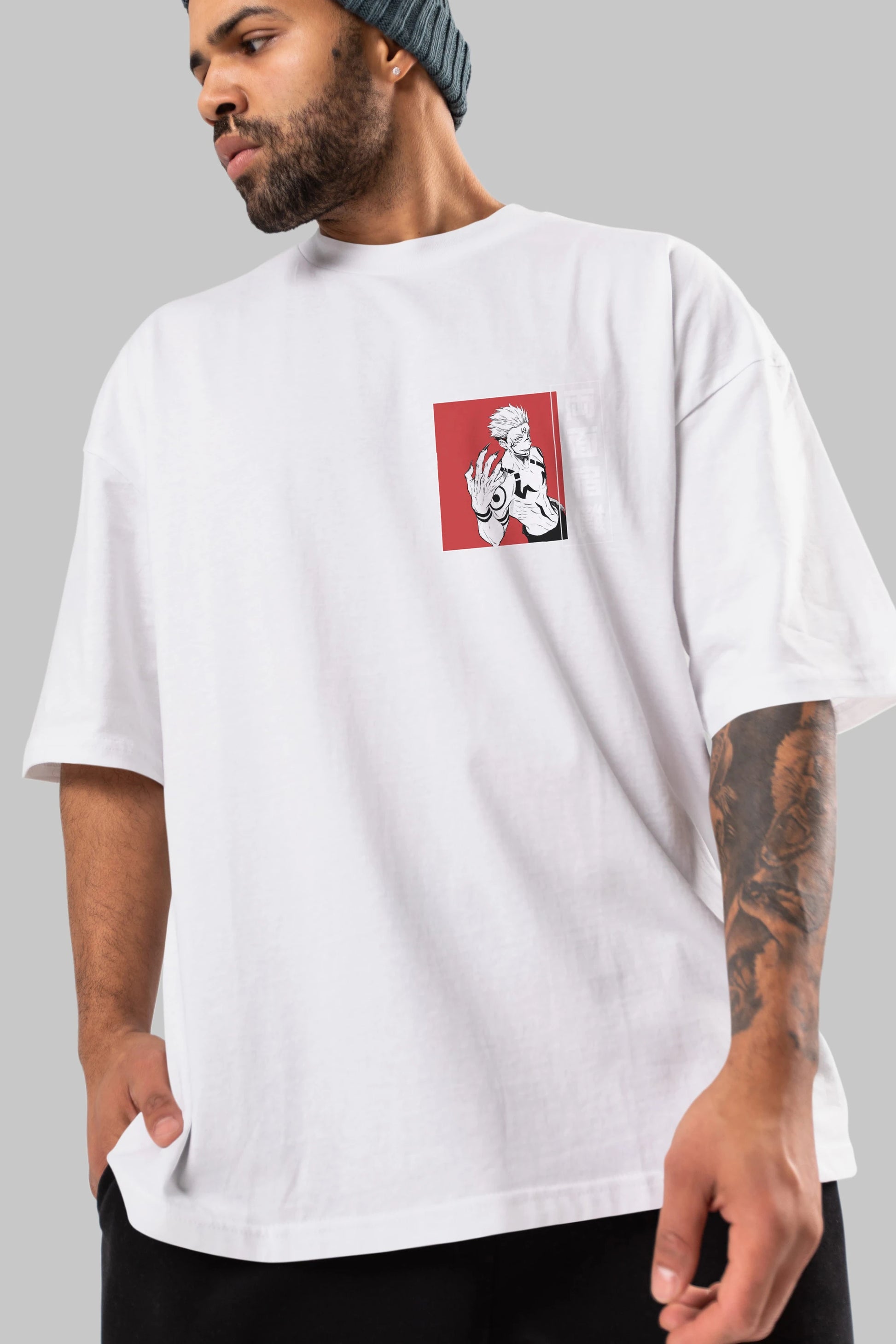Sukuna Ryoumen 2 Ön Sol Baskılı Oversize t-shirt Erkek Kadın Unisex %100 Pamuk Bisiklet Yaka tişort