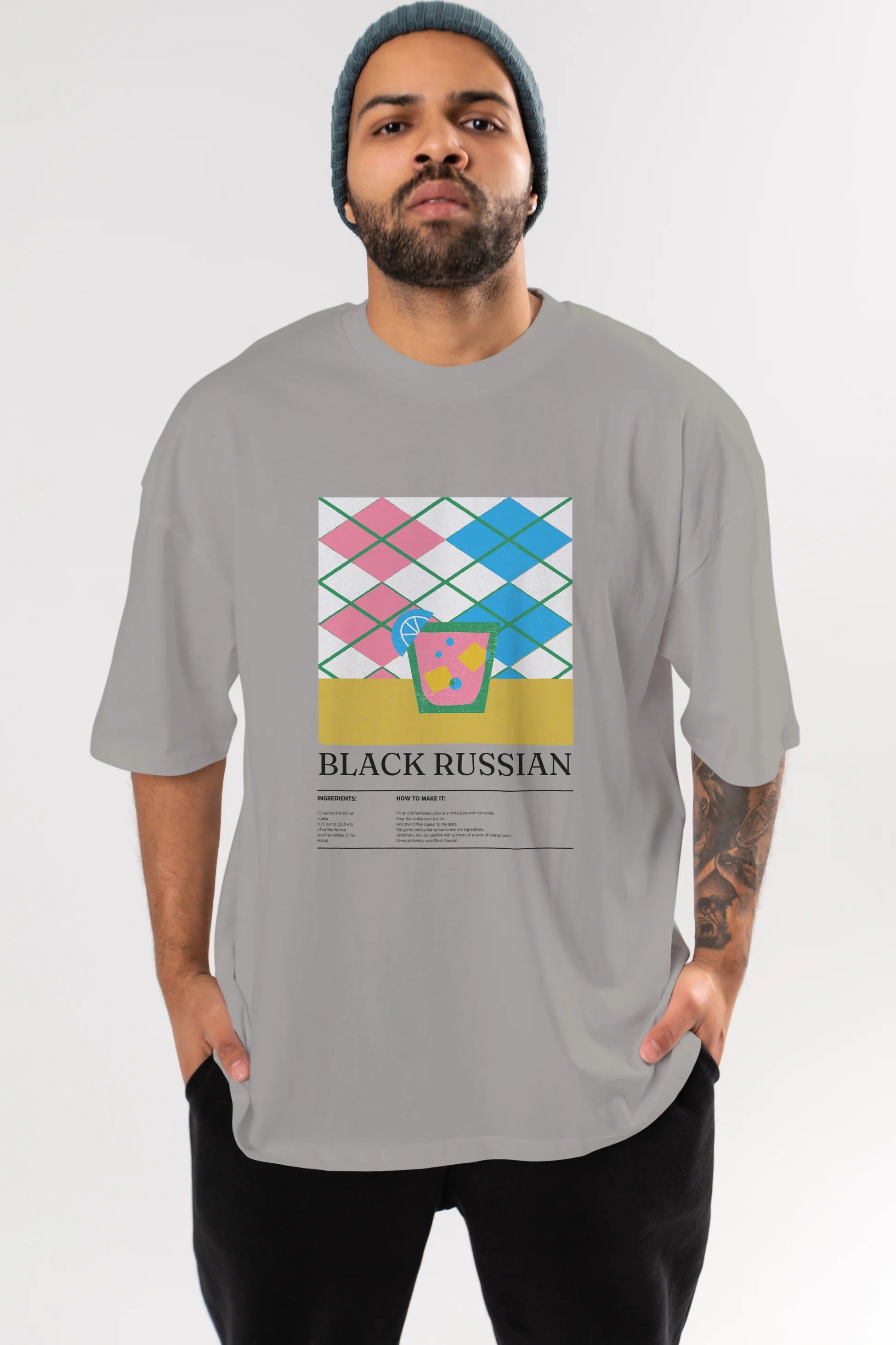 Black Russian Kokteyl Ön Baskılı Oversize t-shirt Erkek Kadın %100 Pamuk Bisiklet Yaka tişort