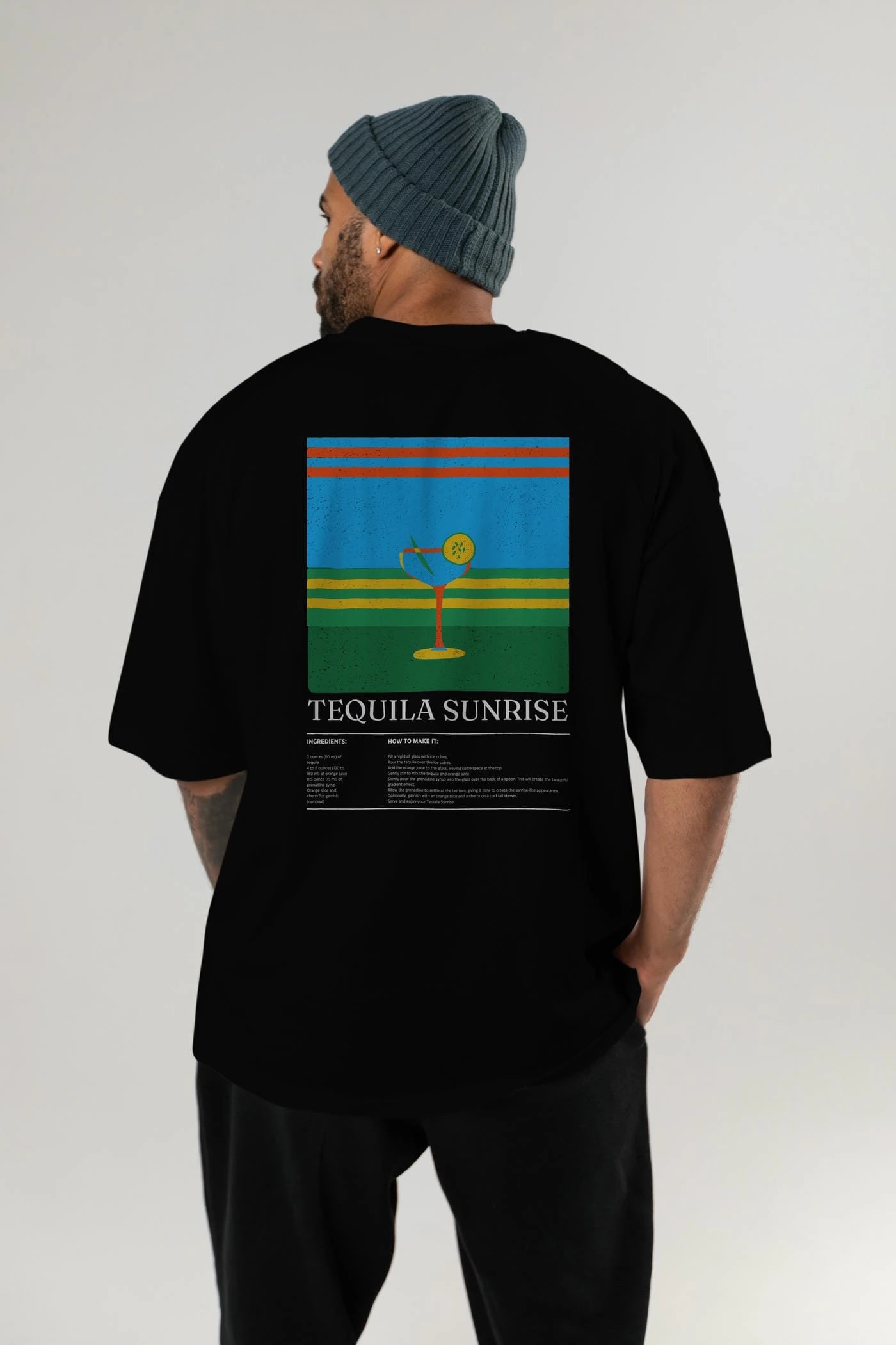 Tequila Sunrise Kokteyl Serisi Arka Baskılı Oversize t-shirt Erkek Kadın %100 Pamuk Bisiklet Yaka tişort