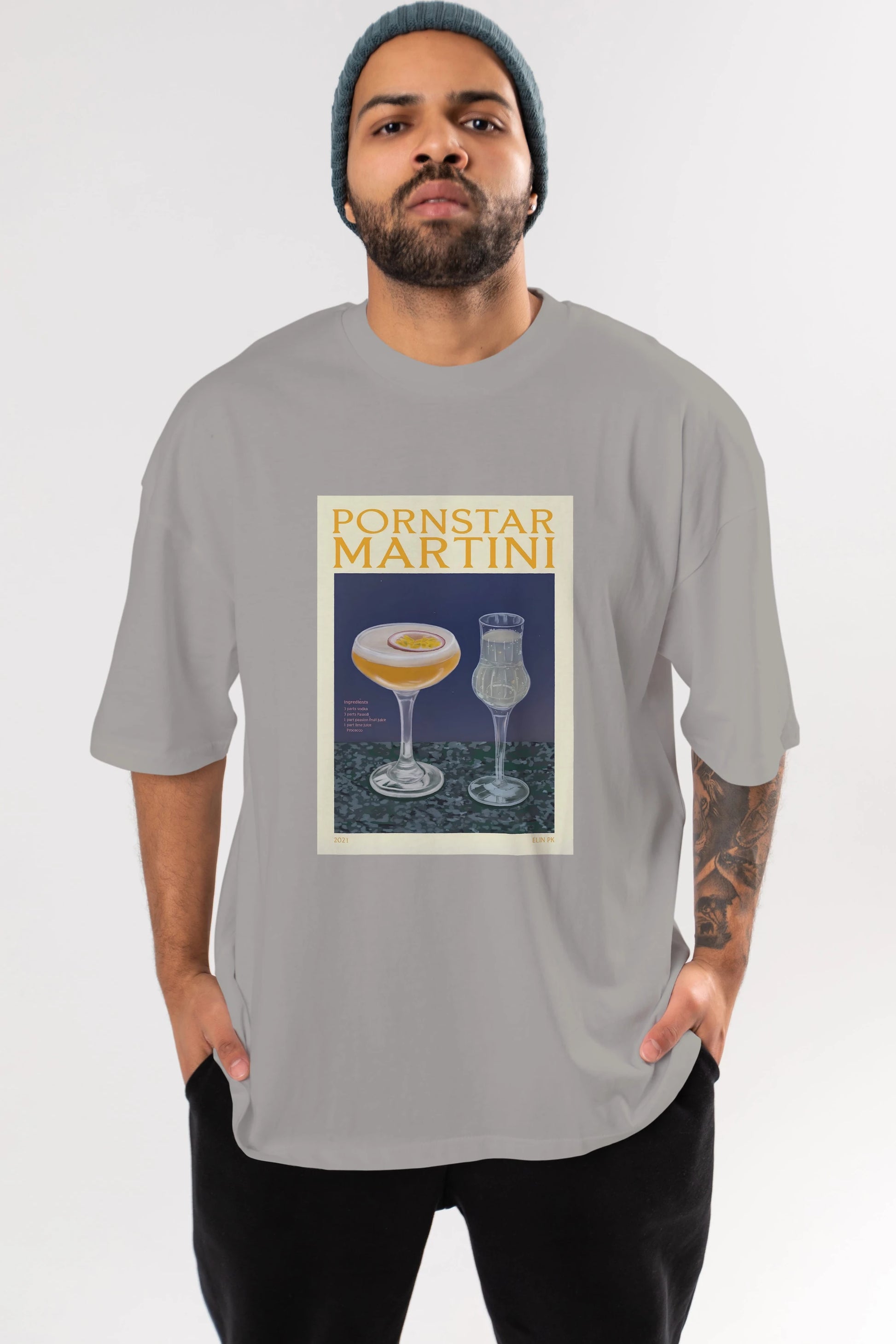 P.rnstar Martini Ön Baskılı Oversize t-shirt Erkek Kadın Unisex %100 Pamuk Bisiklet Yaka tişort