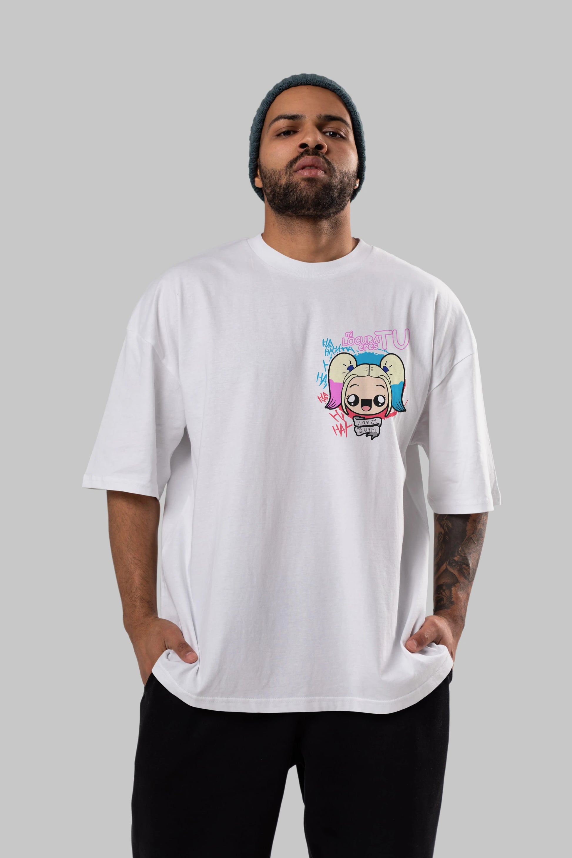 Harley Quinn Ön Sol Baskılı Oversize t-shirt Erkek Kadın Unisex %100 Pamuk Bisiklet Yaka tişort