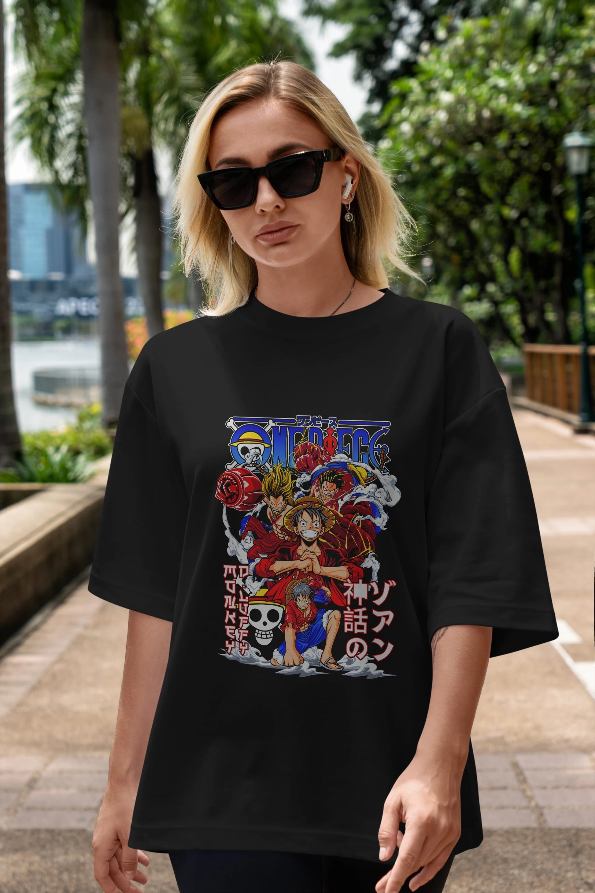 MONKEY D. LUFF-ONE PIECE 2 Anime Ön Baskılı Oversize t-shirt %100 pamuk Erkek Kadın Unisex