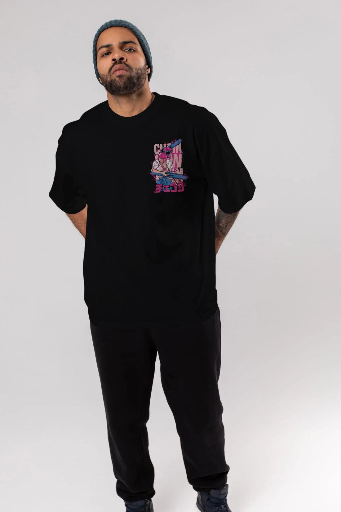 DENJI and MAKIMA Ön Sol Baskılı Oversize t-shirt Erkek Kadın Unisex %100 Pamuk Bisiklet Yaka tişort